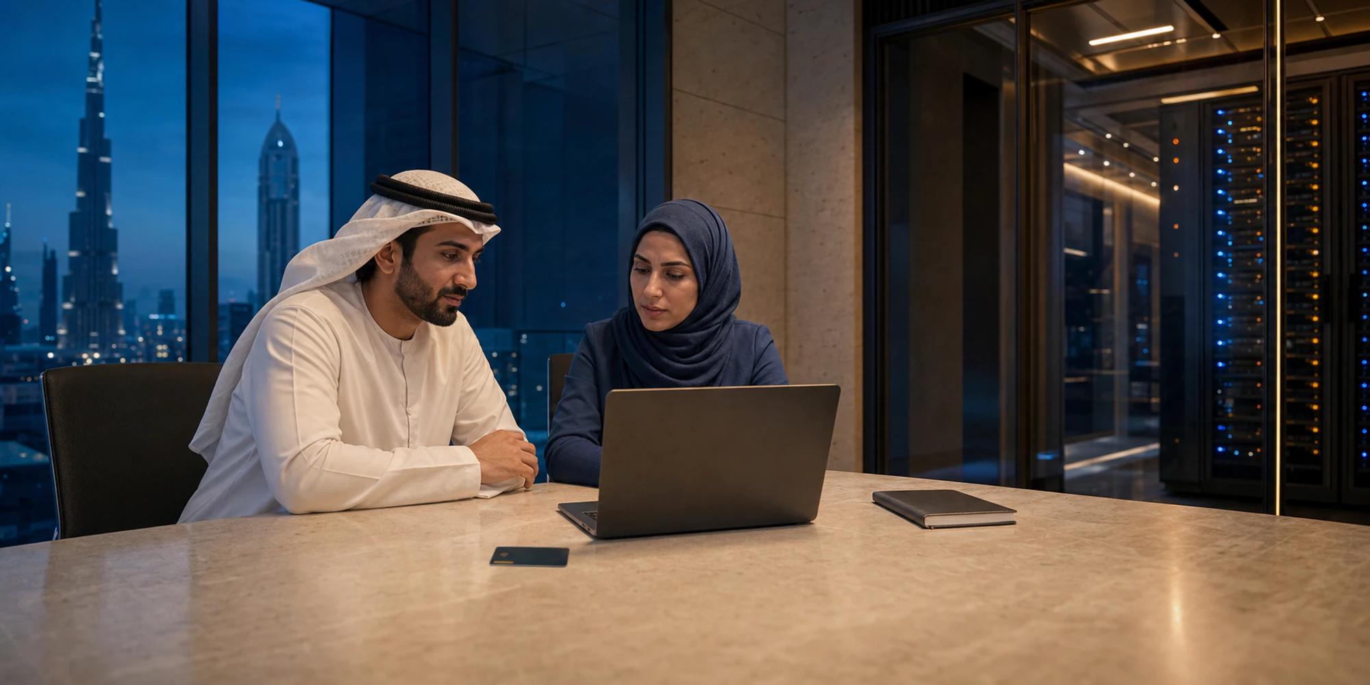 Customer operations and security leaders review a governed AI access workflow in a Dubai office