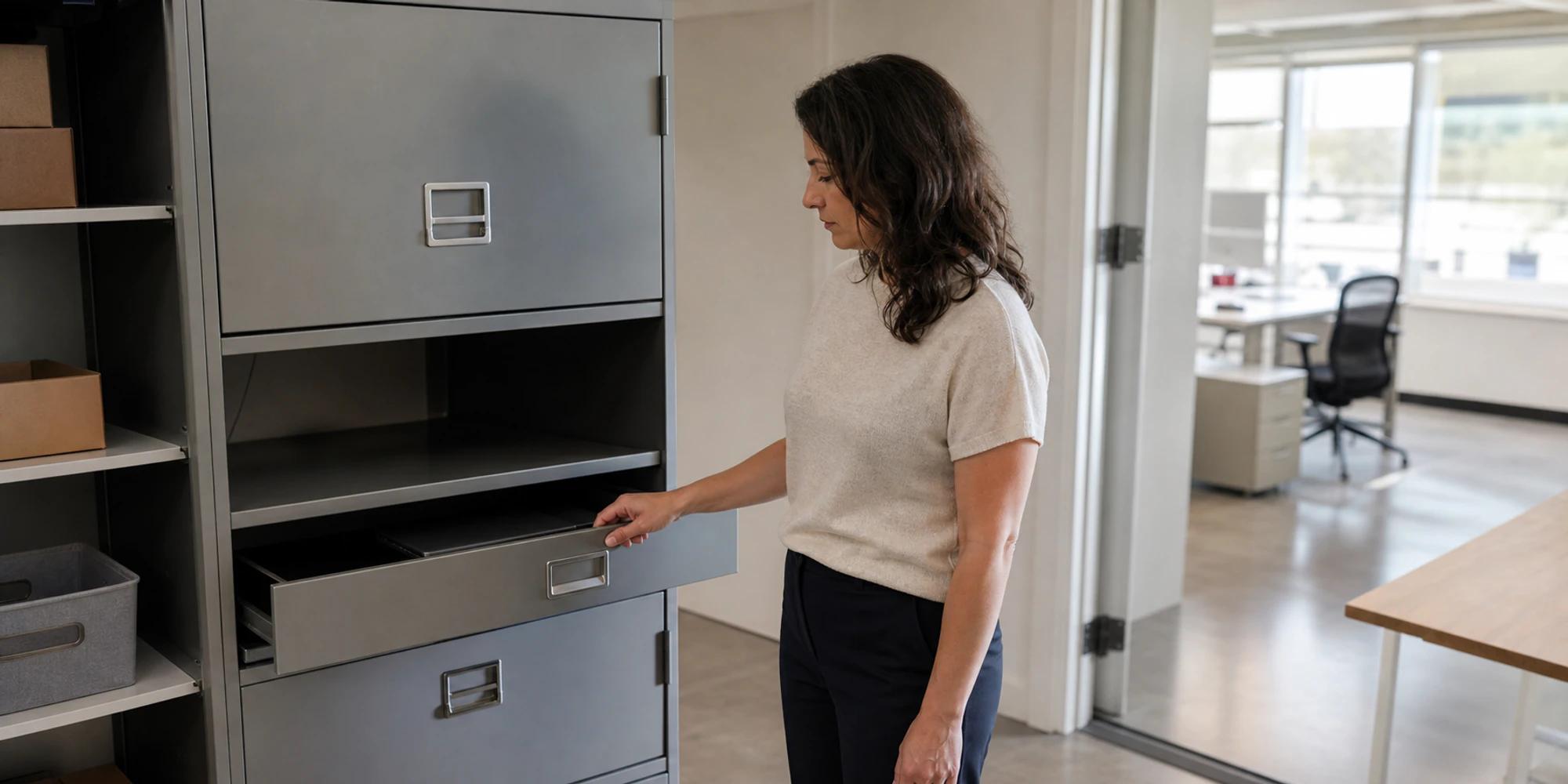 An office operations coordinator closes an equipment drawer during a daytime device custody check.