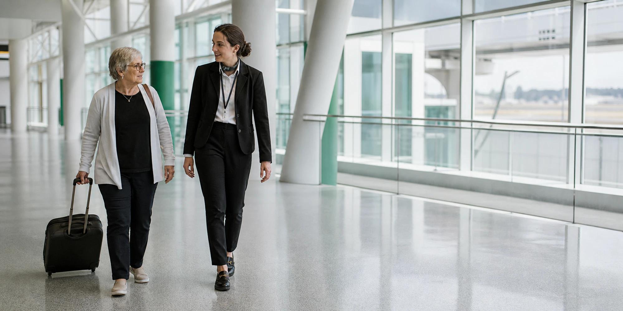 Airport service employee walking with an older traveler through a bright quiet concourse