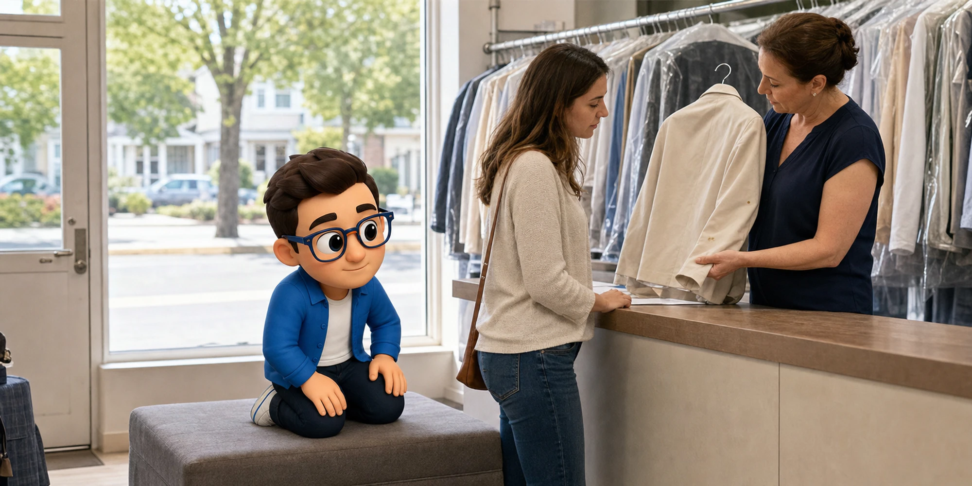 Dry-cleaning customer and staff inspect a returned jacket while the Context Keeper reviews the remaining stain