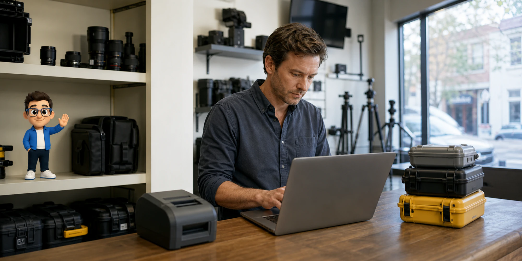 A camera rental manager tests customer service AI while the Context Keeper signals a careful pause