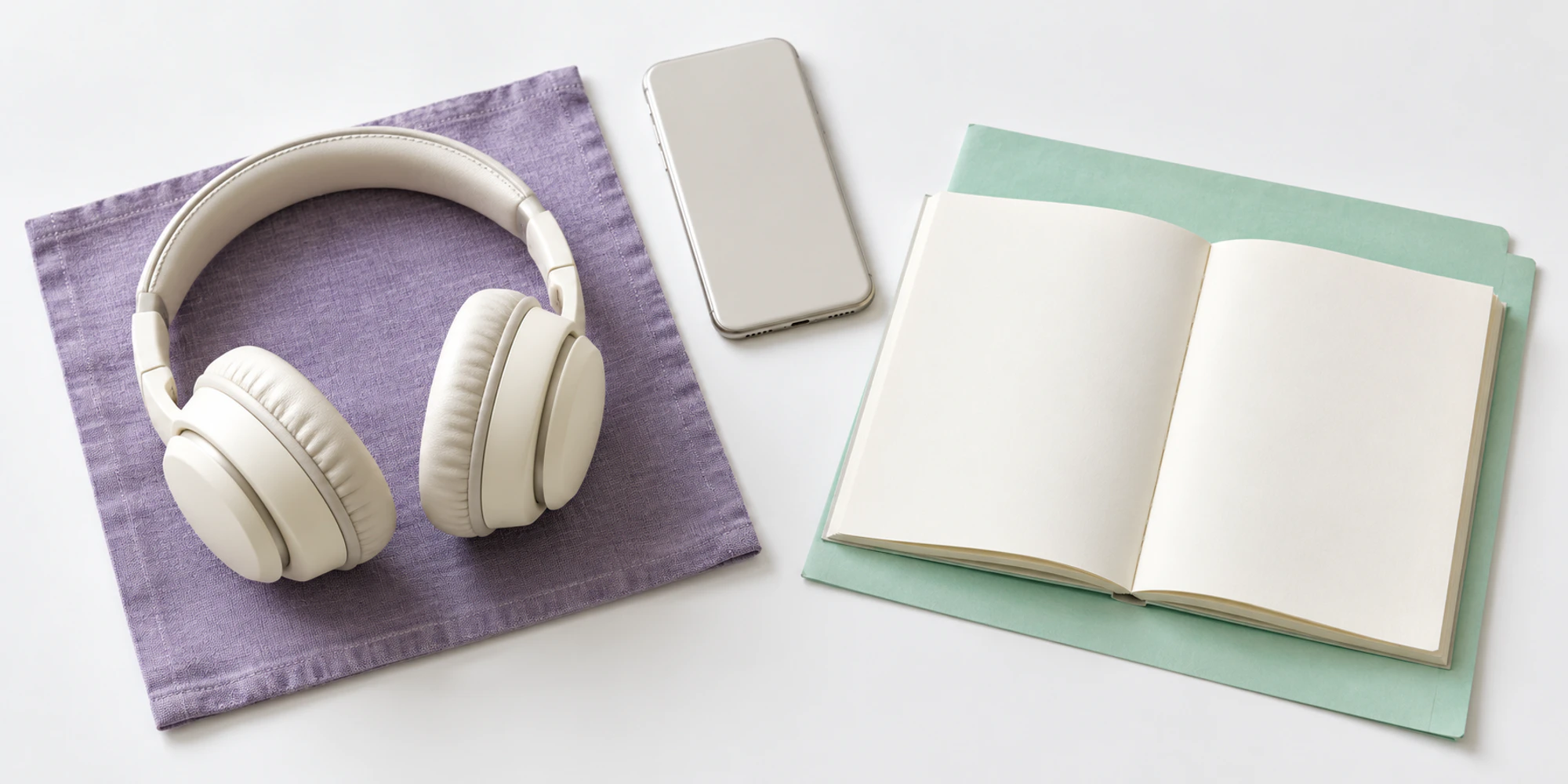 Headphones beside a plain open booklet and a phone on a bright table