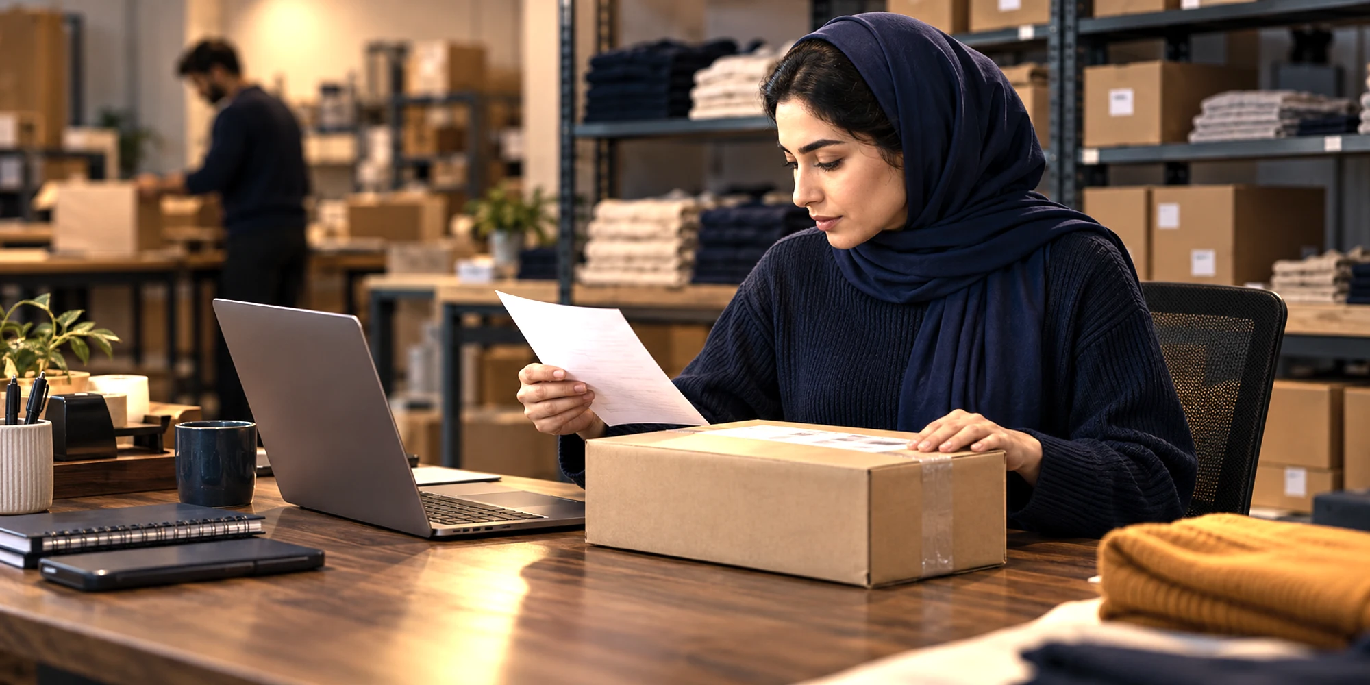 An ecommerce support specialist checks an unreadable order sheet against a sealed parcel in an apparel stockroom