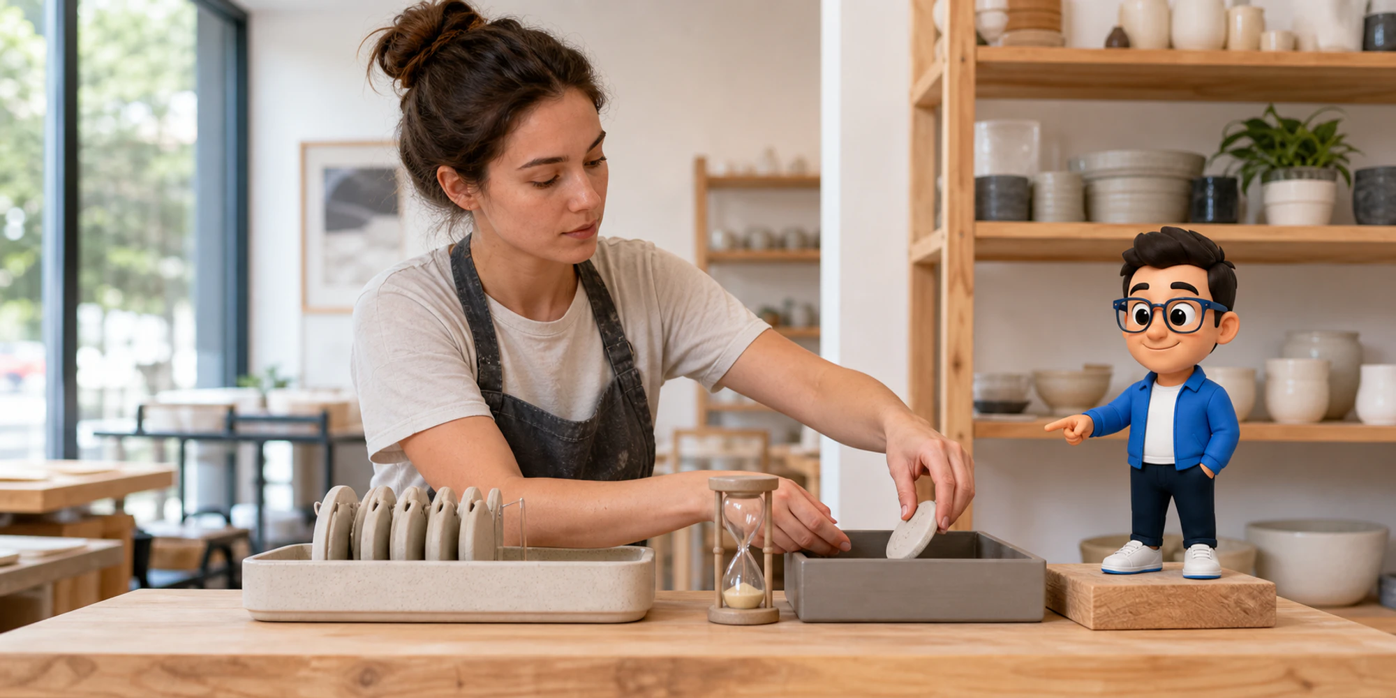 Pottery coordinator places a blank token inside a service threshold while the Context Keeper explains the boundary