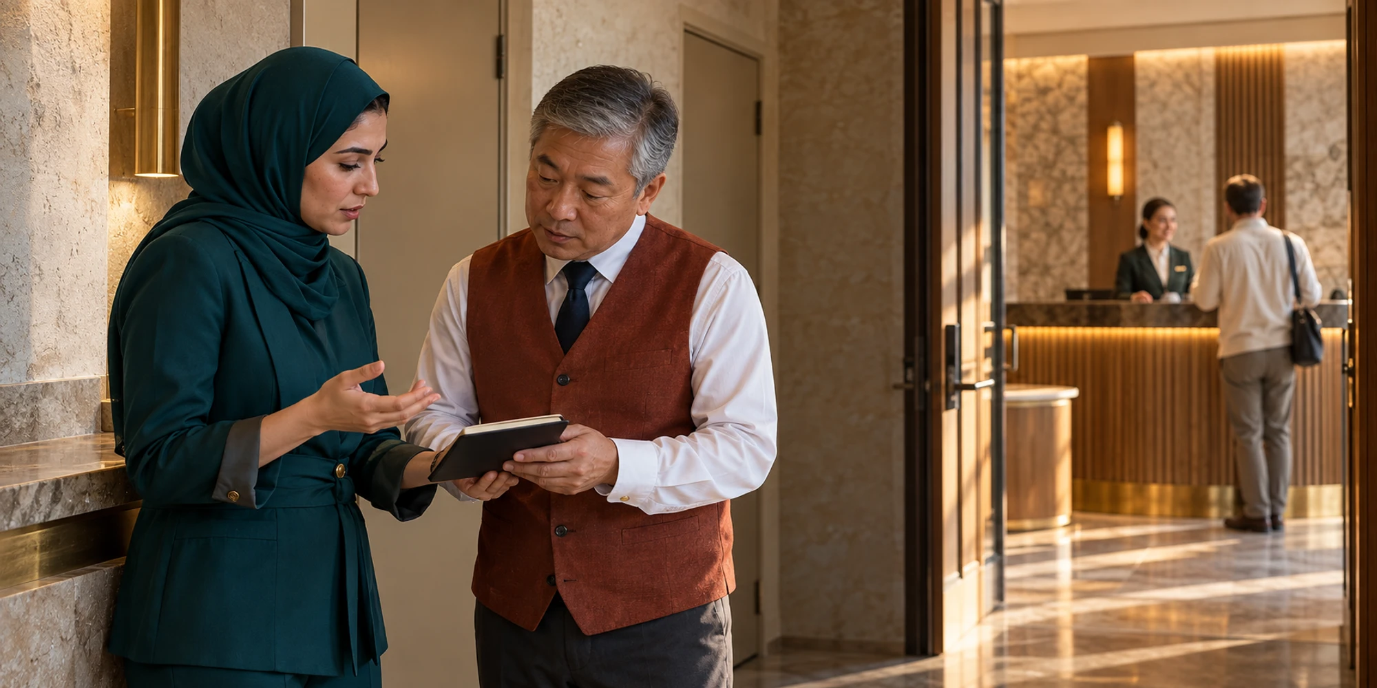 Two hotel duty managers review a private update in a staff corridor while reception serves a guest