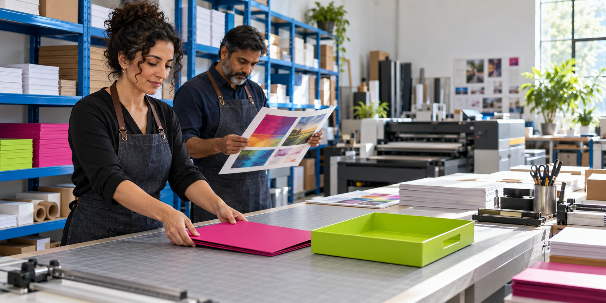 Print studio team prepares one sample job beside an empty production tray