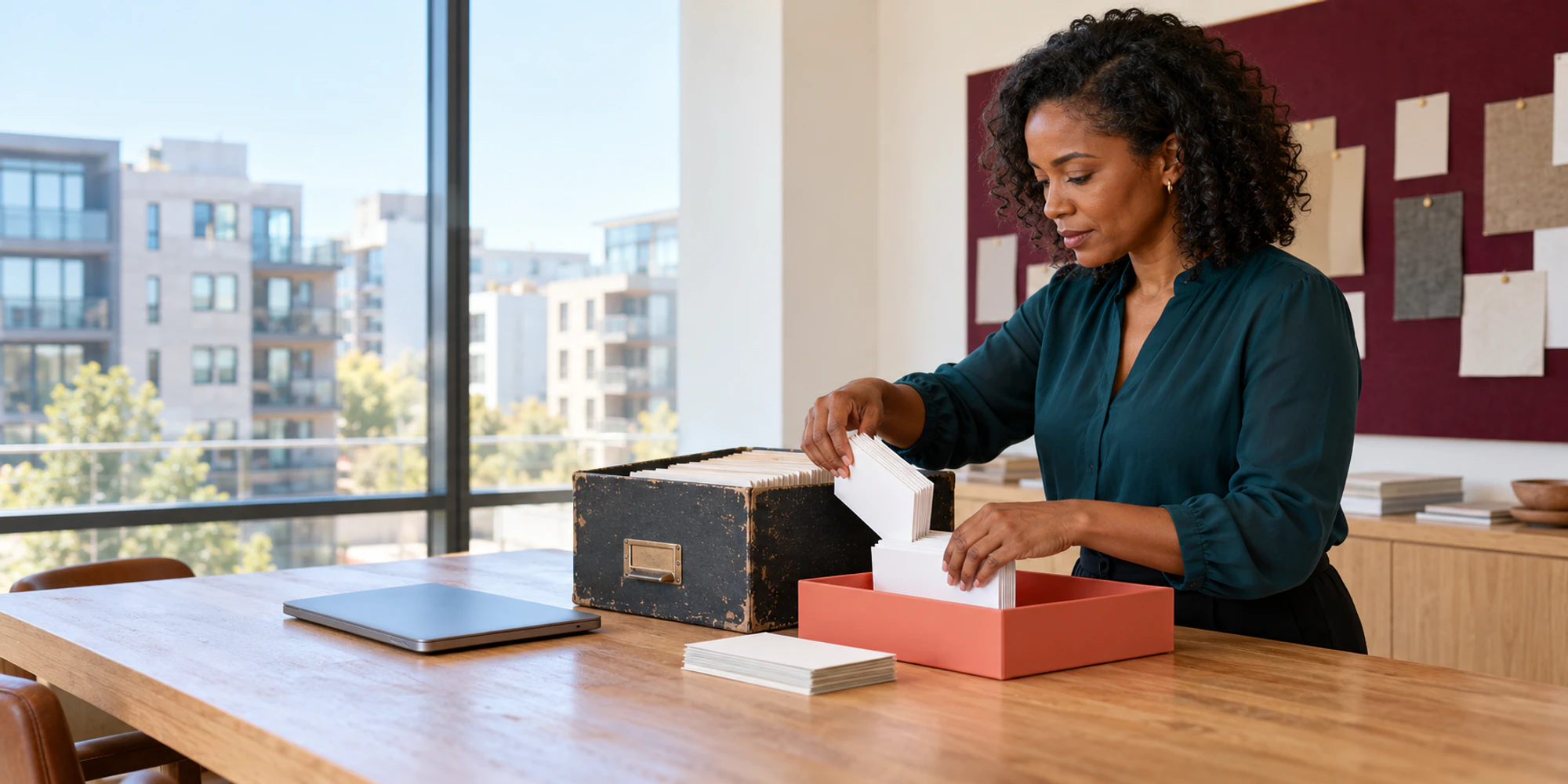 Property operations lead moves blank contact cards from an archive into a clean review tray
