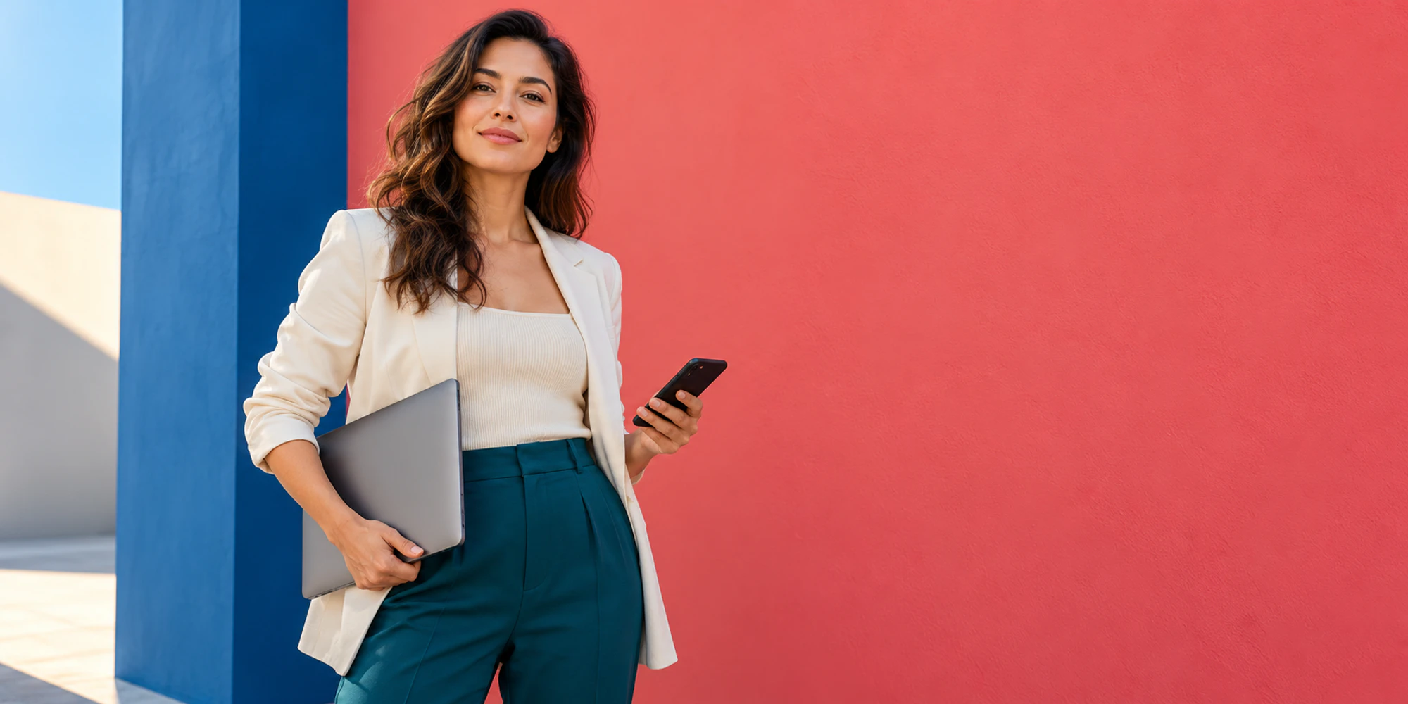 A digital operations manager stands against a coral and cobalt studio wall holding a closed laptop and phone