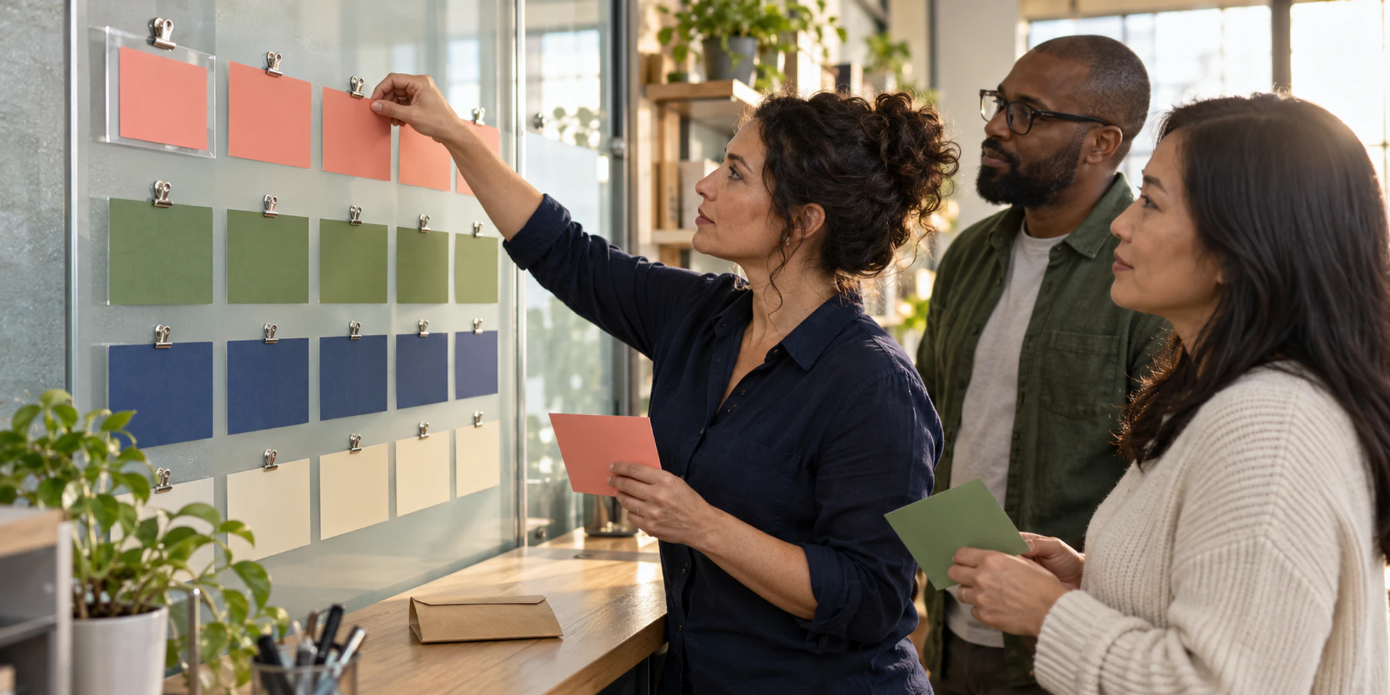 An education operations team maps four rows of template dependencies using blank release cards