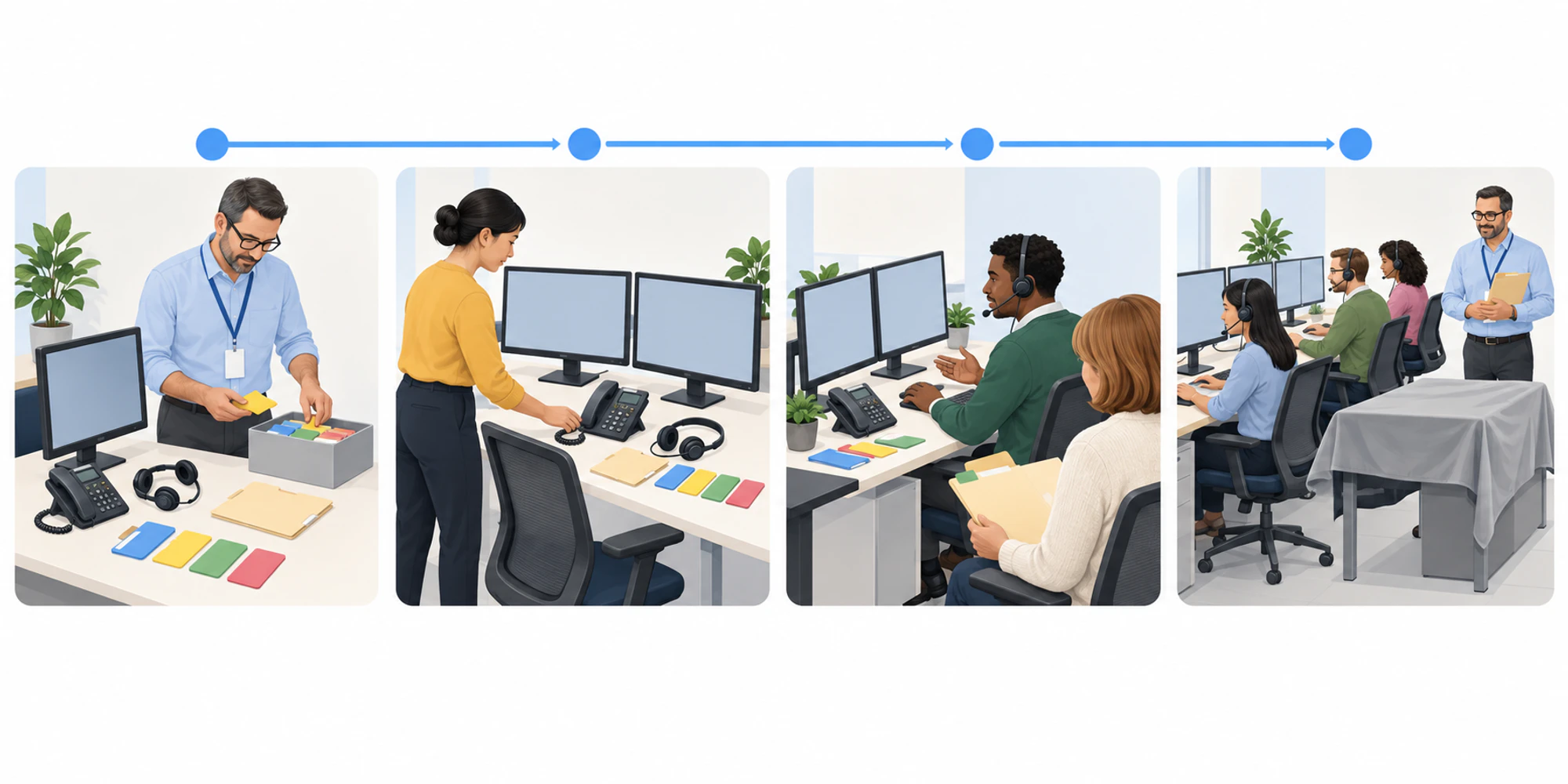 أربع مراحل تعرض حصر عمل الدعم القديم وإعادة بنائه واختبار حالات حقيقية ثم الانتقال مع مسار رجوع مؤقت.
