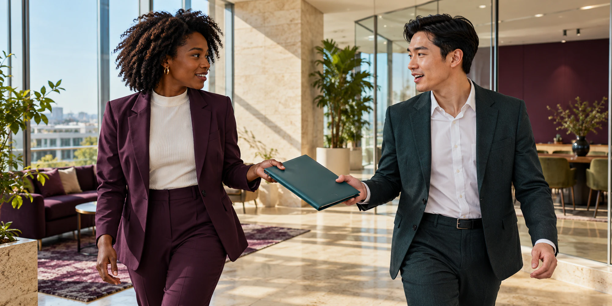 Two consulting colleagues walk through a bright office while passing one closed teal client folio