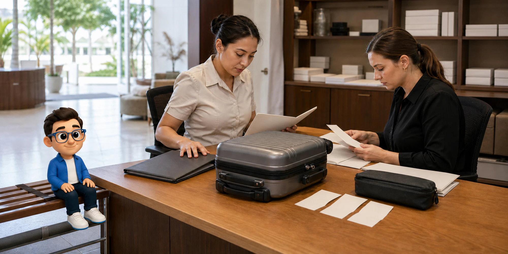 Hotel service staff reconcile a completed guest case while the seated Context Keeper keeps the resolved folder beside the outcome