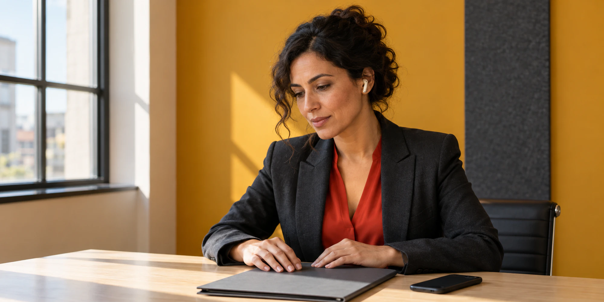 A professional project lead listens to a voice note beside a closed scope folder in a high contrast studio