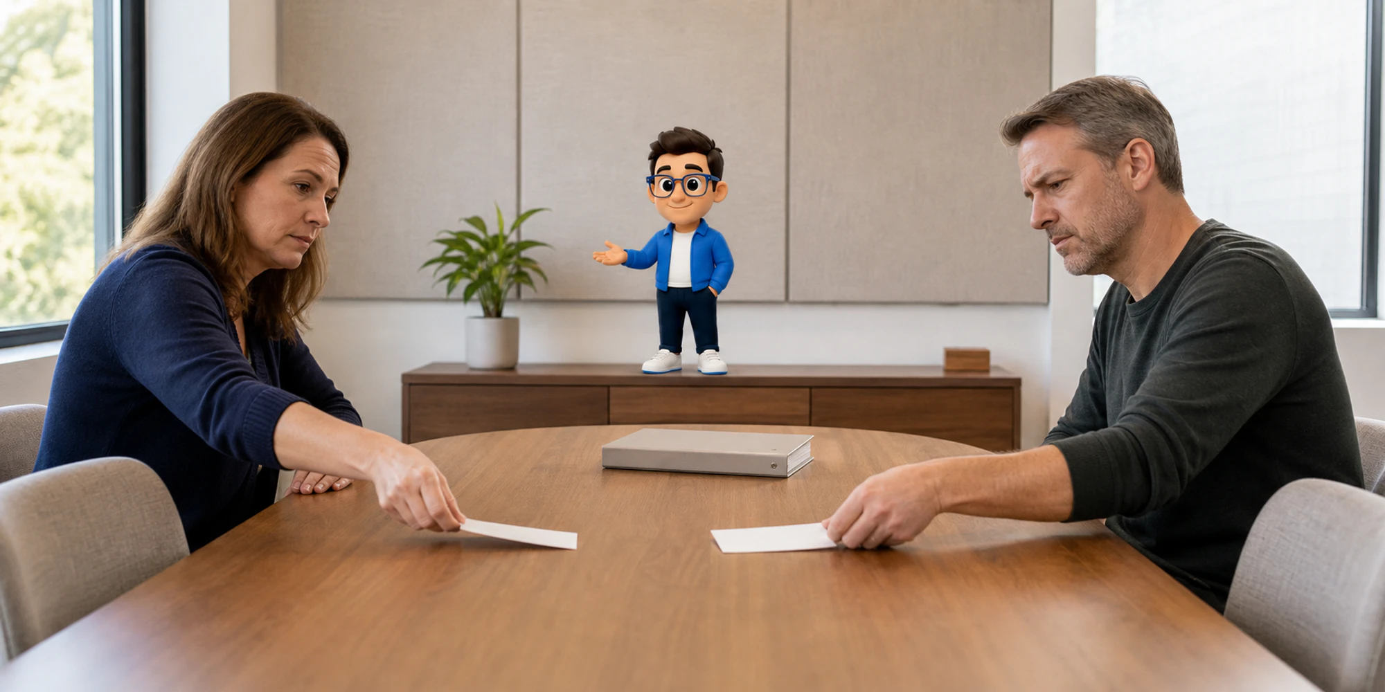 Two customer service QA reviewers compare blank score cards while the Context Keeper points to a shared standard