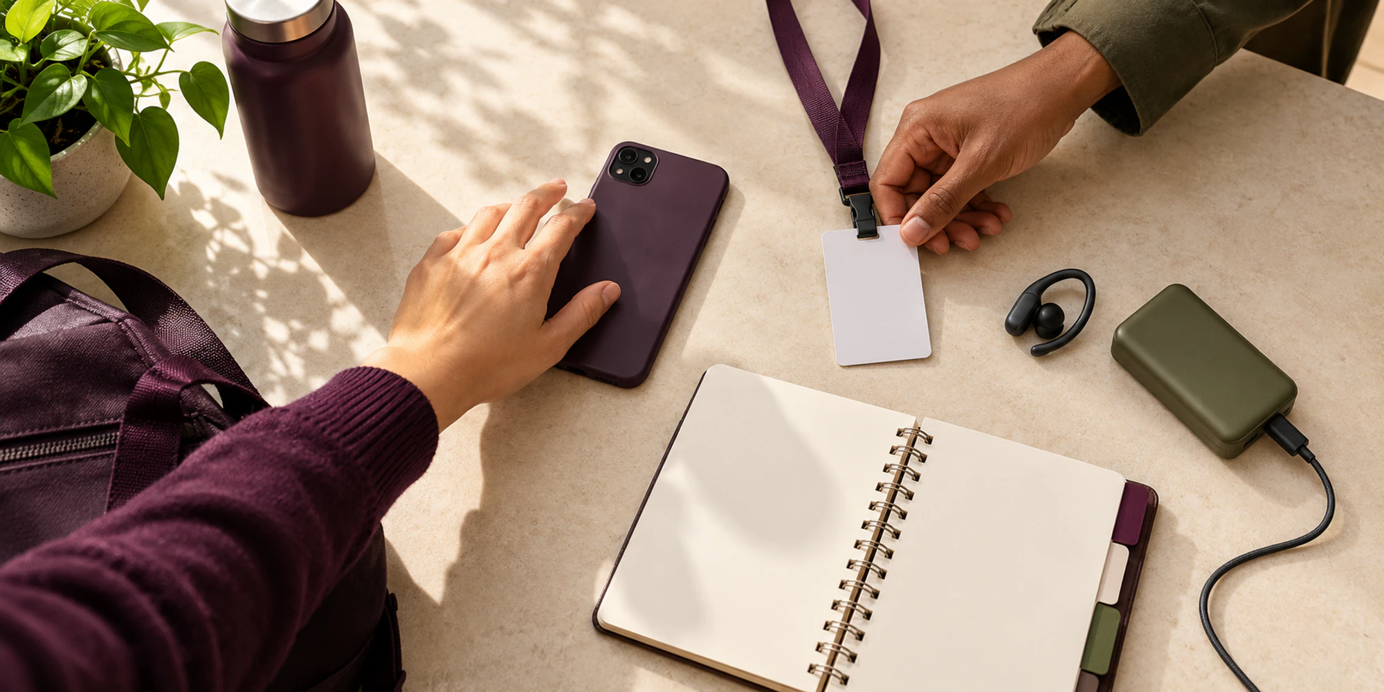 Two coworkers prepare an unbranded phone, blank access badge, notebook and charger for a mobile shift