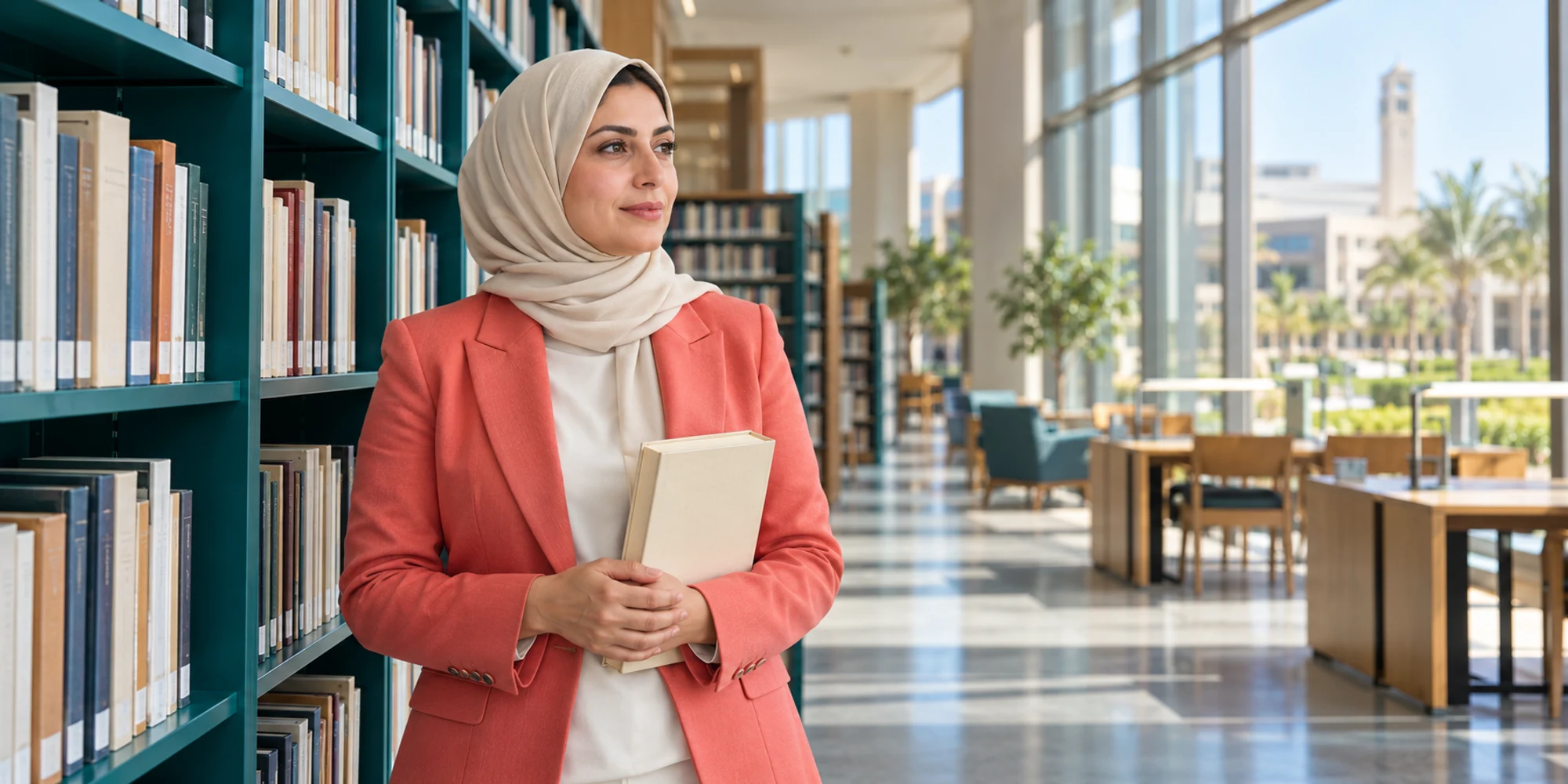 An education editor in a coral jacket holds a reference book beside teal library shelves