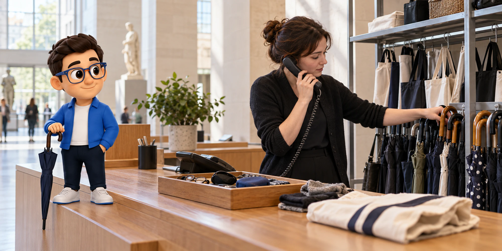 Museum employee checks a lost-property umbrella rack during a customer call while the Context Keeper listens