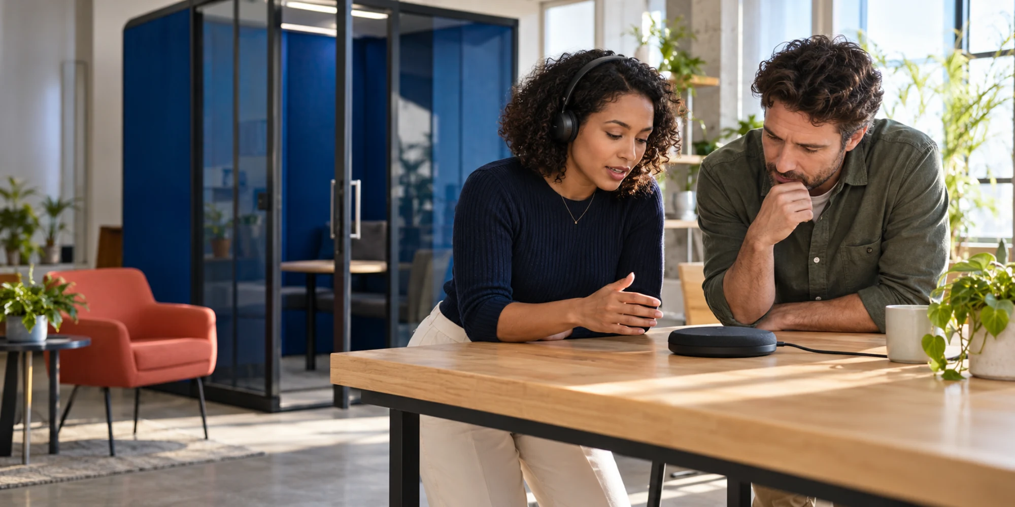 Two customer operations colleagues listen to a test call beside a quiet call booth