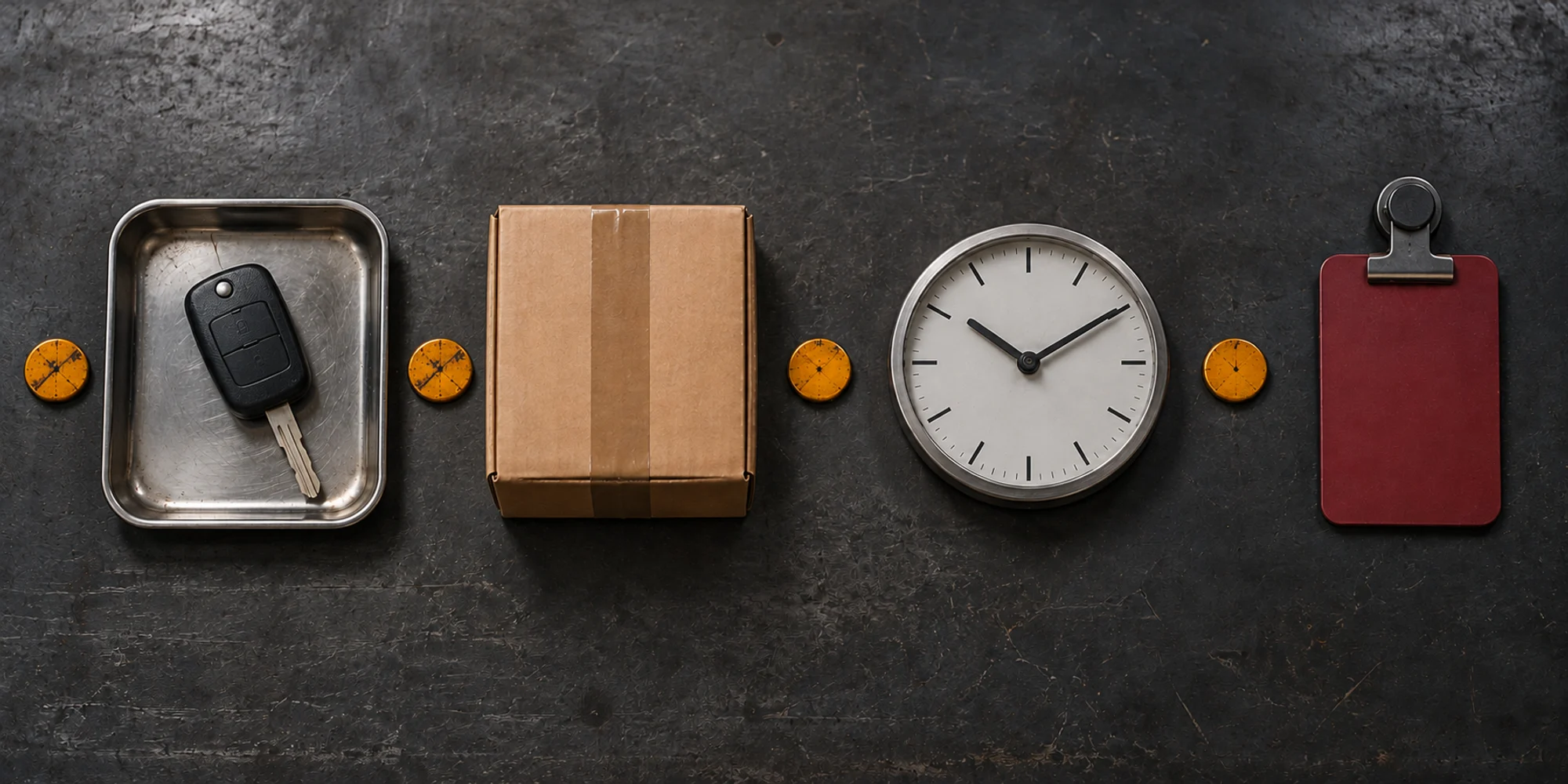 A car key, sealed parts box, workshop clock and blank job tag represent four facts in a repair update