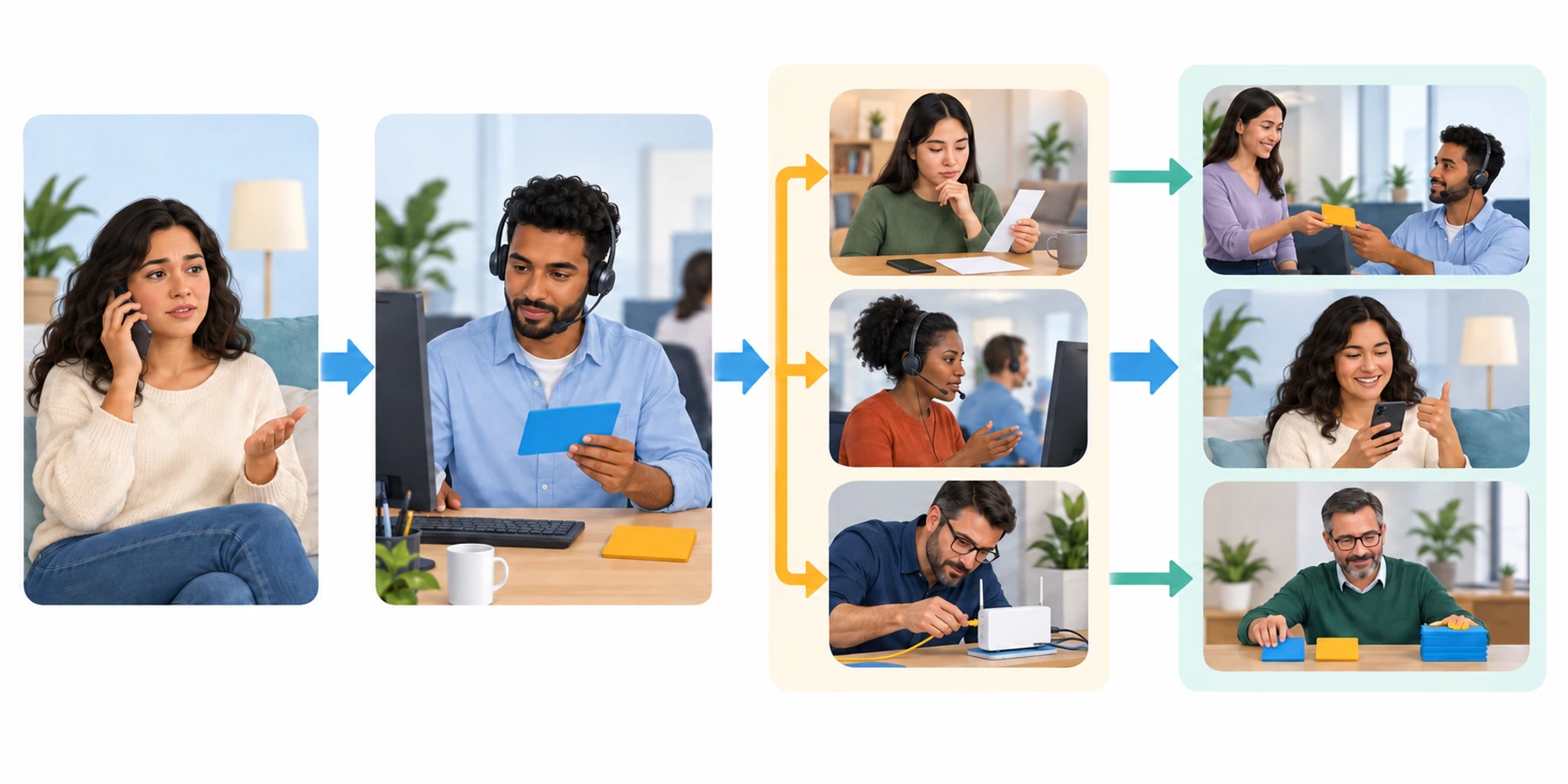 A wordless flow traces a customer request through concurrent work, customer delay, agent focus, and a system check before matching cause to action.