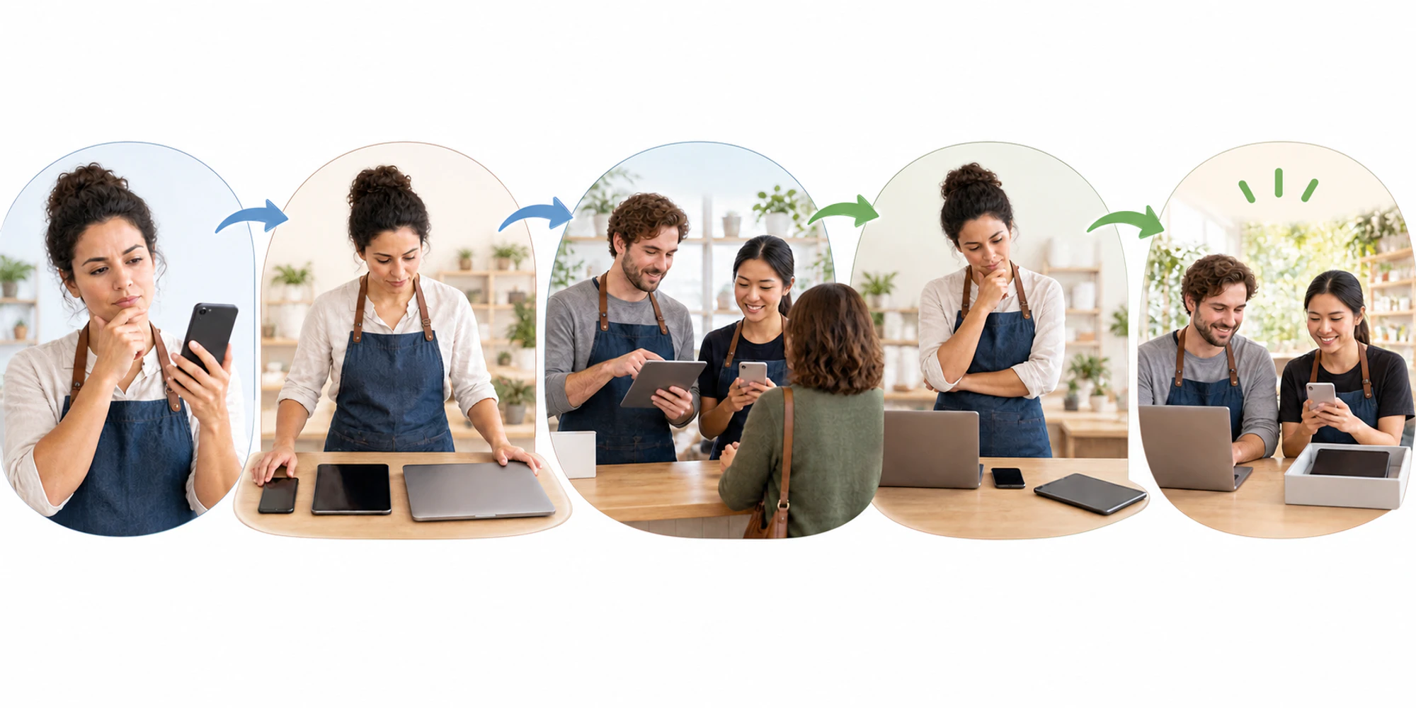 Verify test and review the bundle A wordless five-stage flow shows an owner checking a phone, inventorying devices, testing team access, reviewing use and setting aside an unused device.