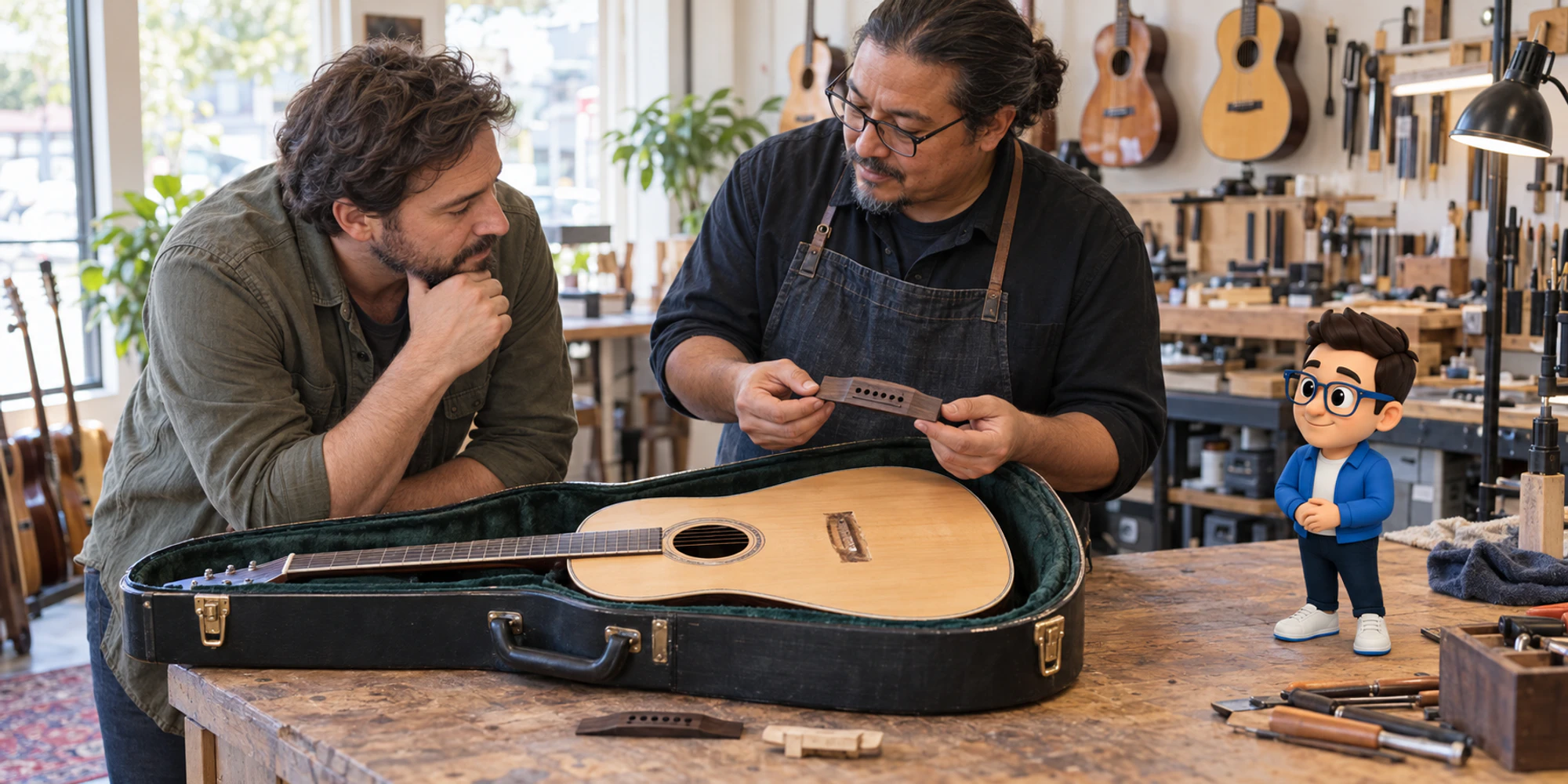 Guitar repair coordinator explains an open repair while the Context Keeper checks the removed bridge