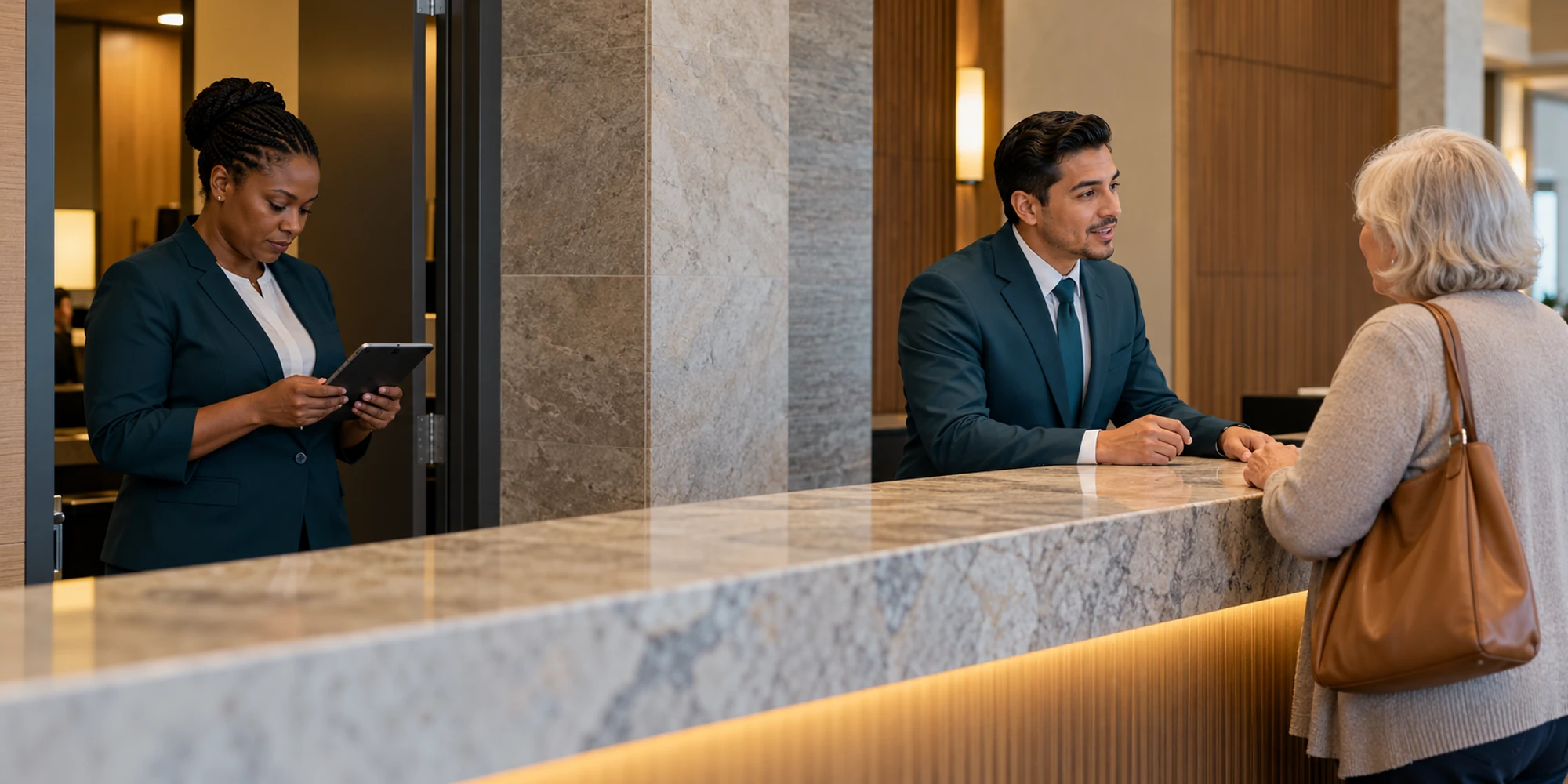 Hotel duty manager reviews a private staff update separately from a receptionist speaking with a guest