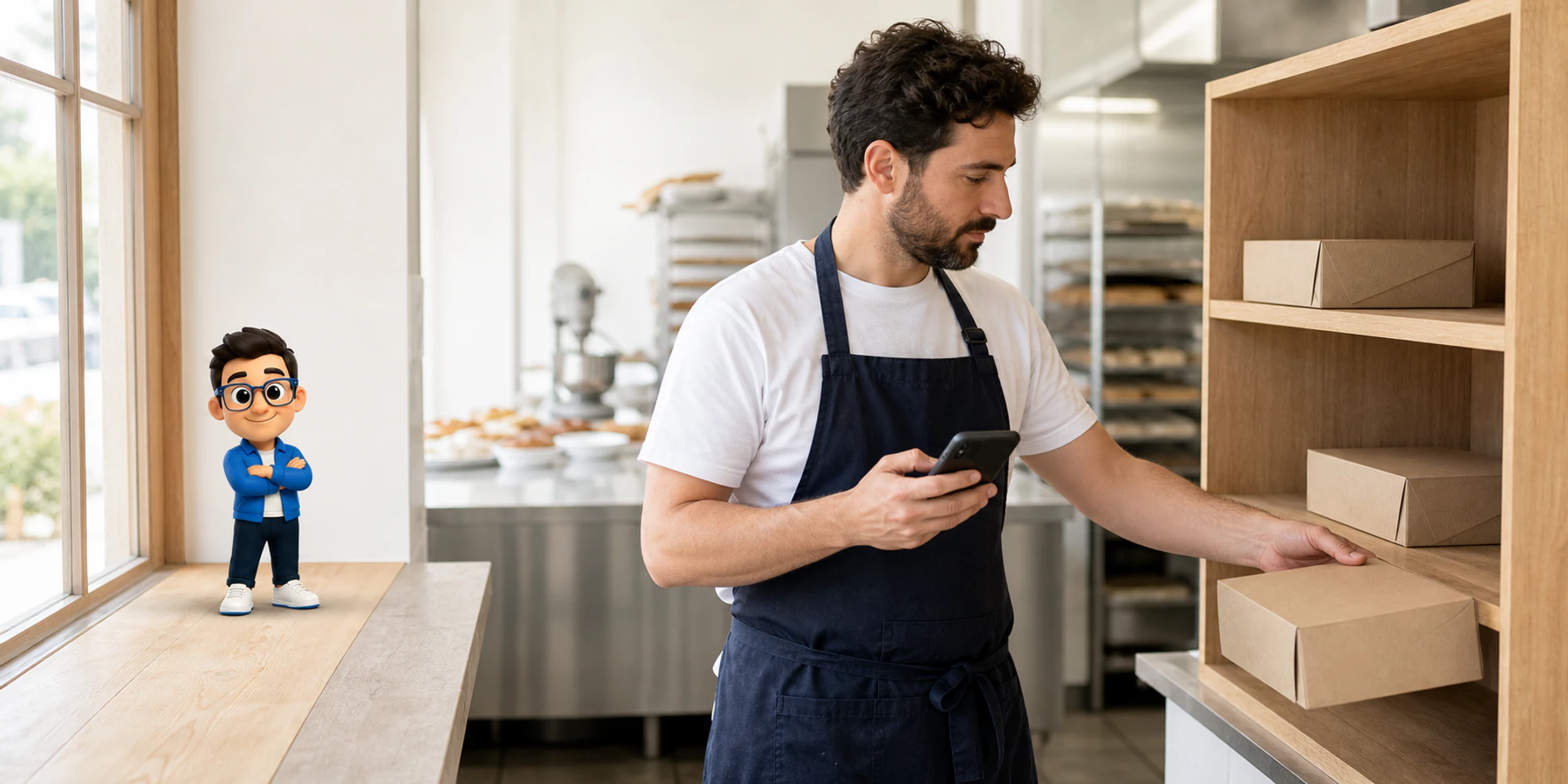 Bakery owner matches a campaign reply to a prepared pickup while the Context Keeper checks the workflow