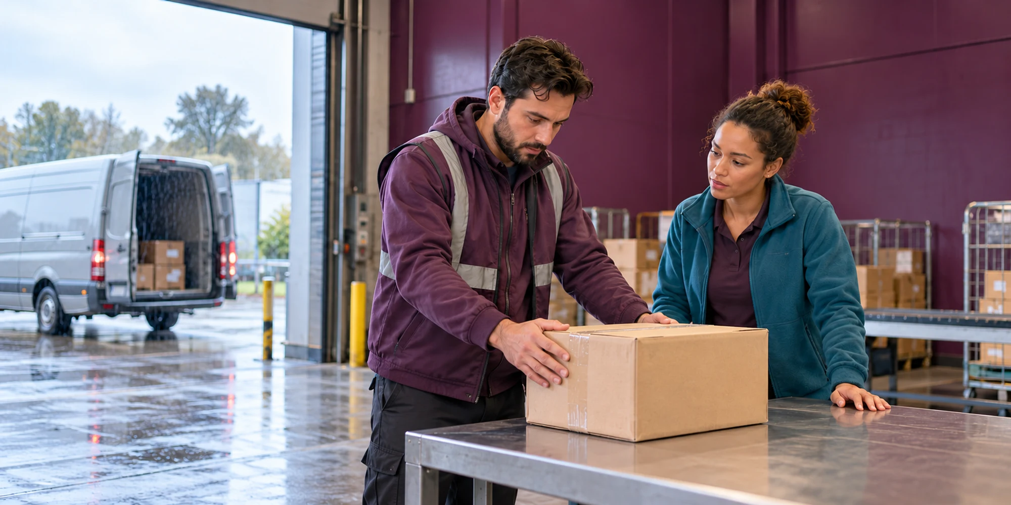 Two logistics colleagues verify a parcel at a rainy loading bay before updating a customer