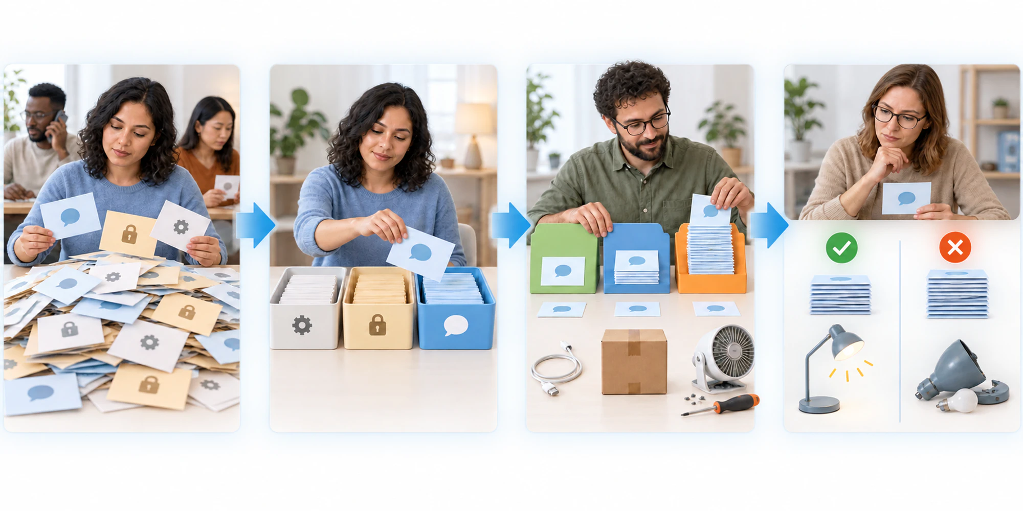 From raw events to a fair touch measure Four wordless stages filter raw support events into human replies, resolved issues, fair groups, and a solved or reopened outcome check.