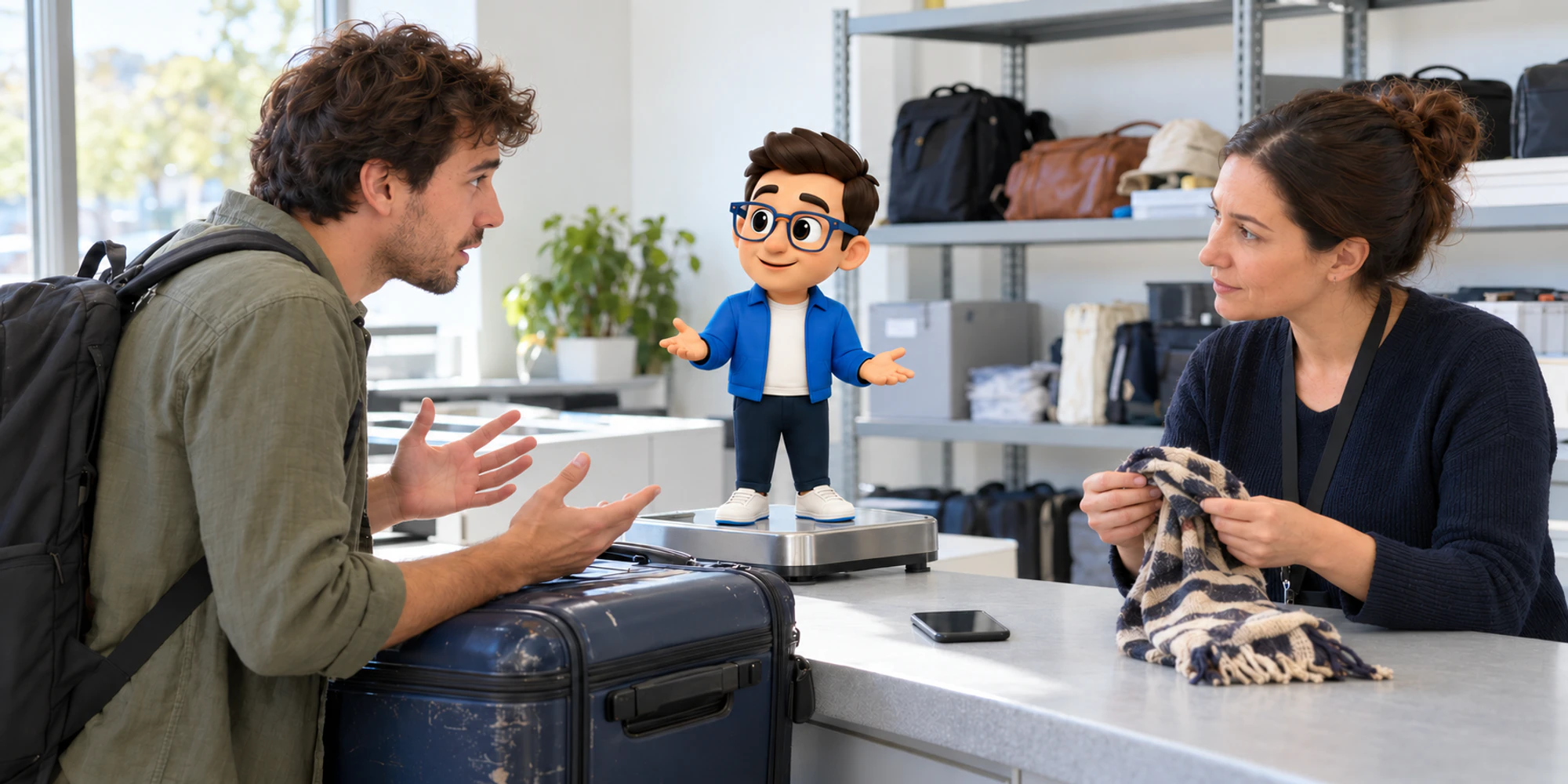 A traveler and lost property coordinator clarify a striped scarf while the Context Keeper listens from a luggage scale.