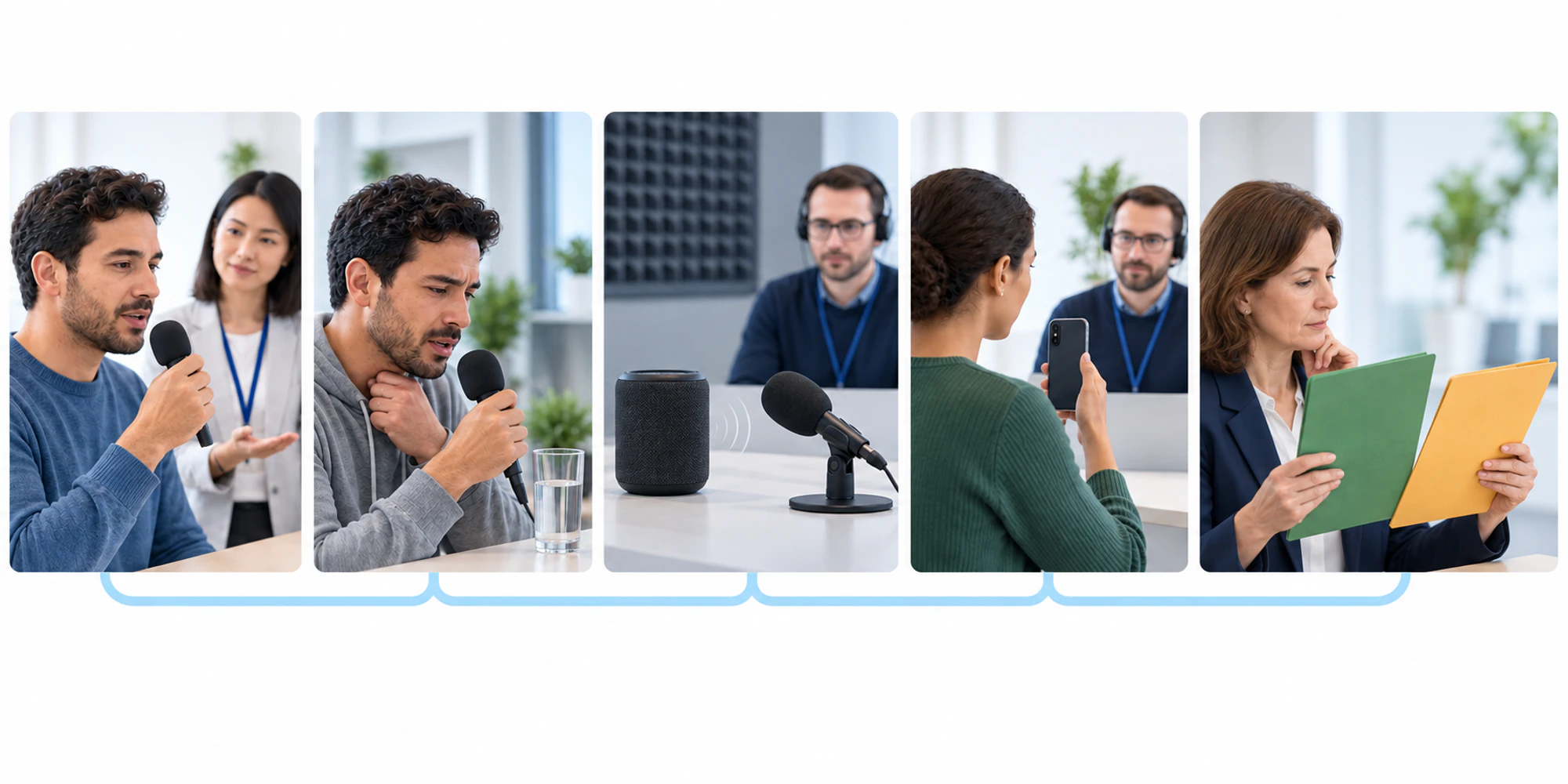 اختبار القياسات الحيوية الصوتية عبر خمس بوابات مسار بصري من خمس مراحل يختبر الصوت الحقيقي والصوت المبحوح وإعادة التسجيل والتحقق المنفصل والمراجعة البشرية.
