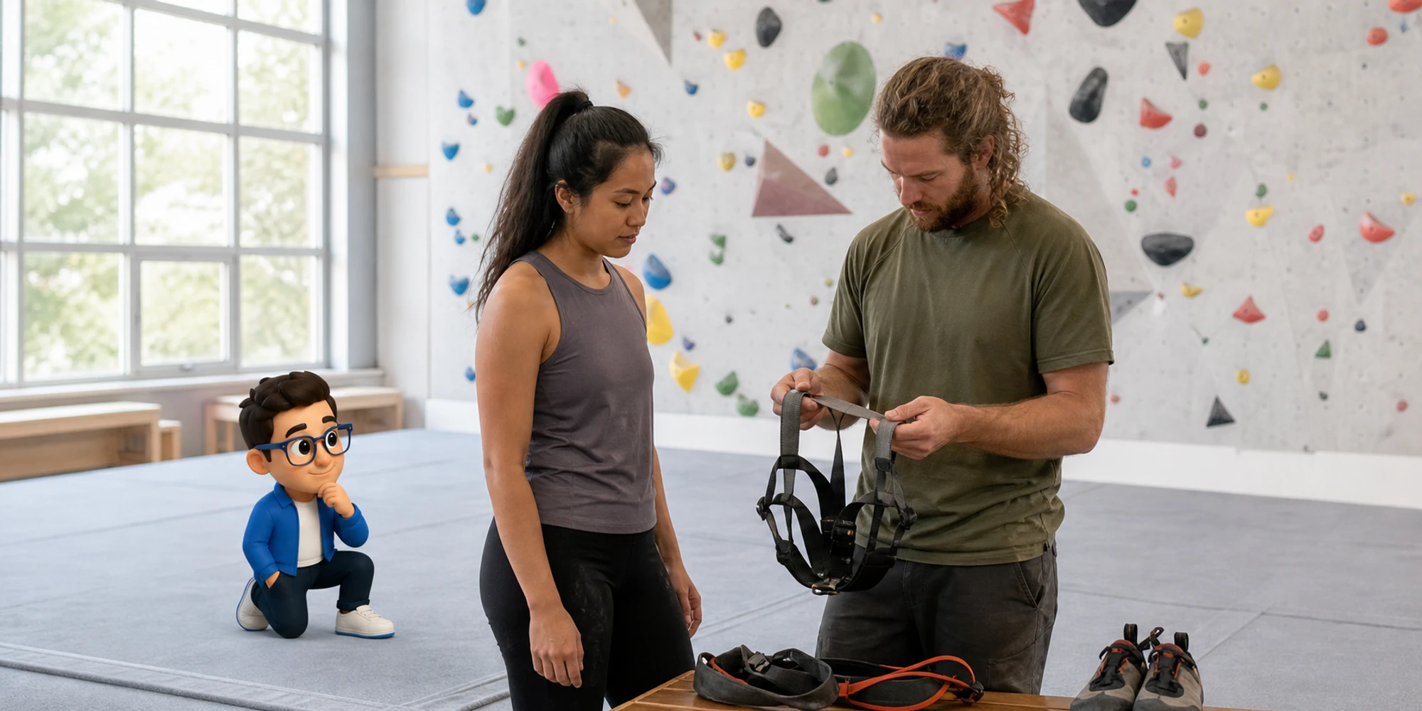 Customer and climbing equipment specialist inspecting a worn harness while the Context Keeper observes
