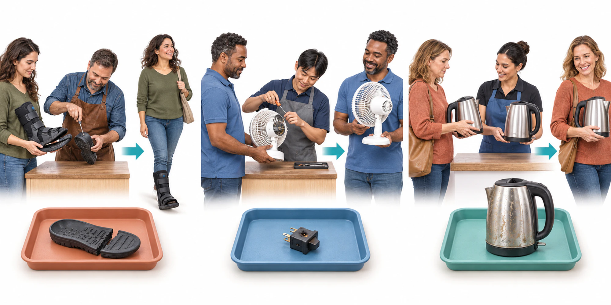 A wordless flow shows boot repair, fan switch replacement, and kettle replacement as three distinct verified resolution actions.