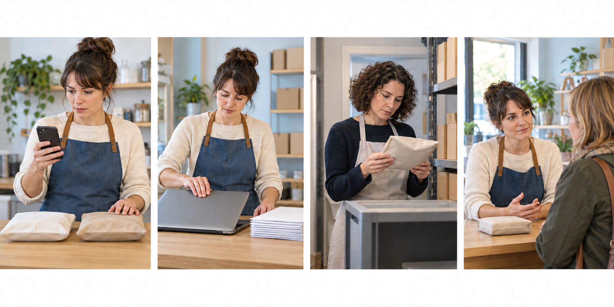 Four wordless panels show a shop worker spotting a message error, stopping a send, checking one package, and speaking with a customer.