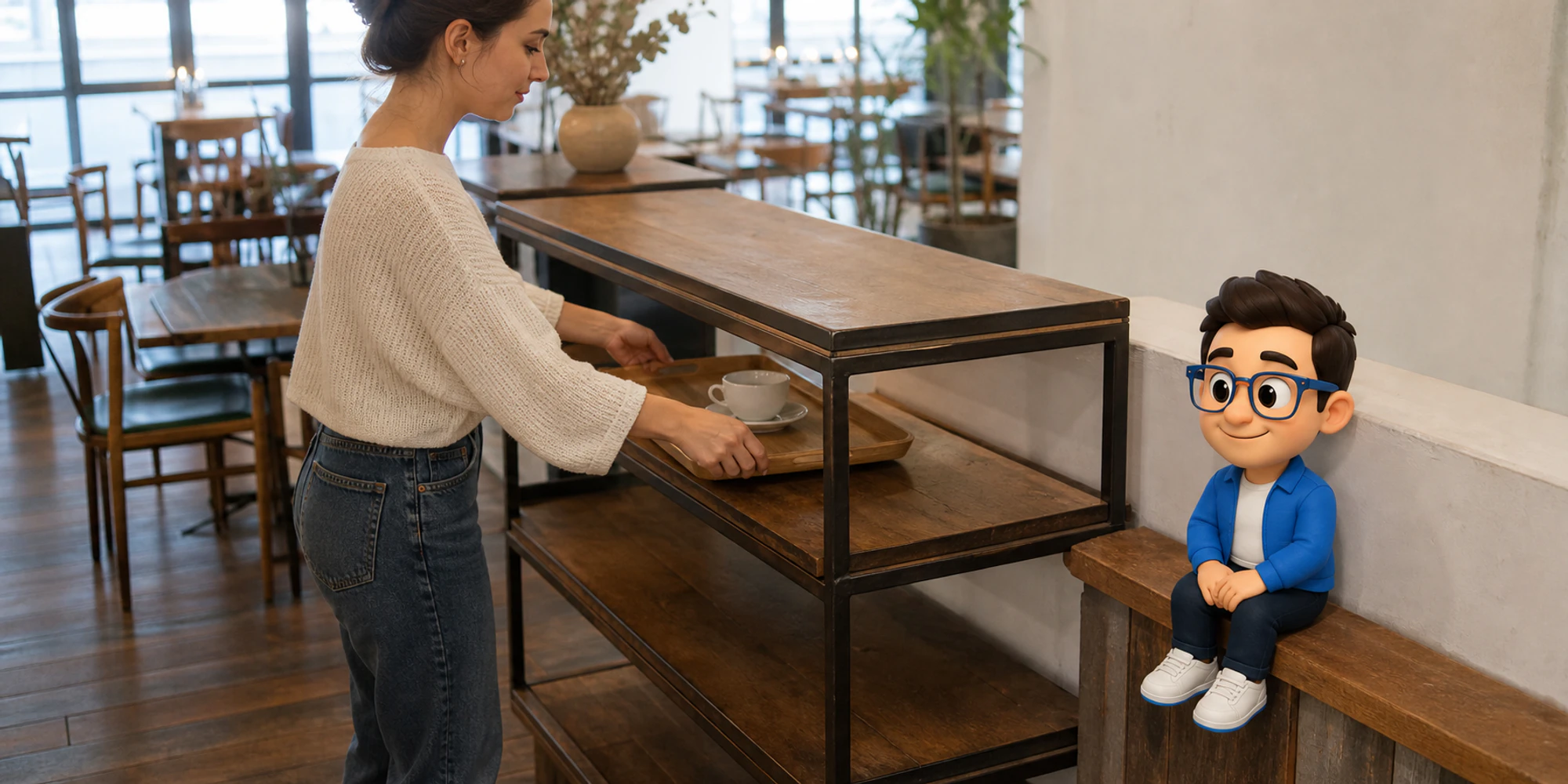 Café customer returning a tray while the Context Keeper checks the completed self service action