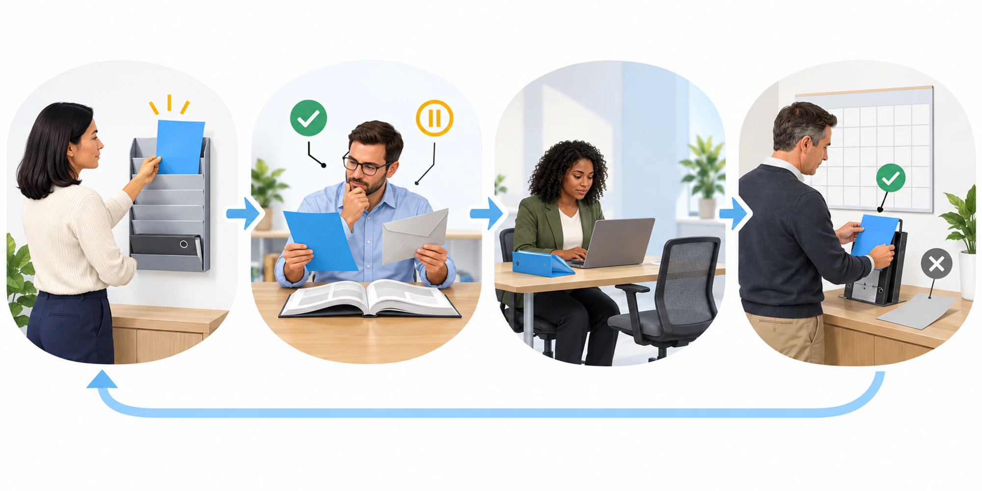 A four-stage flow shows a roadmap update being collected, checked against a tenant notice, tested with a customer case and recorded for the next review.