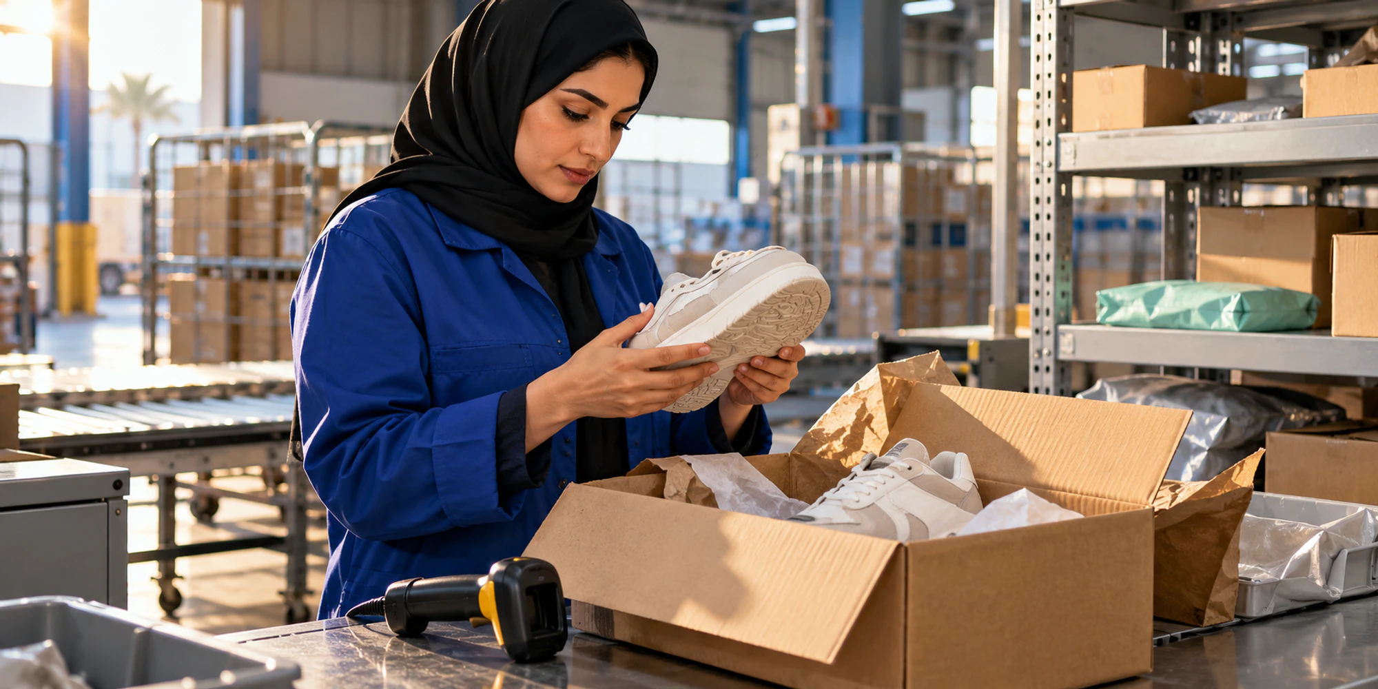 A returns specialist examines a returned shoe beside an open parcel in a fulfilment centre