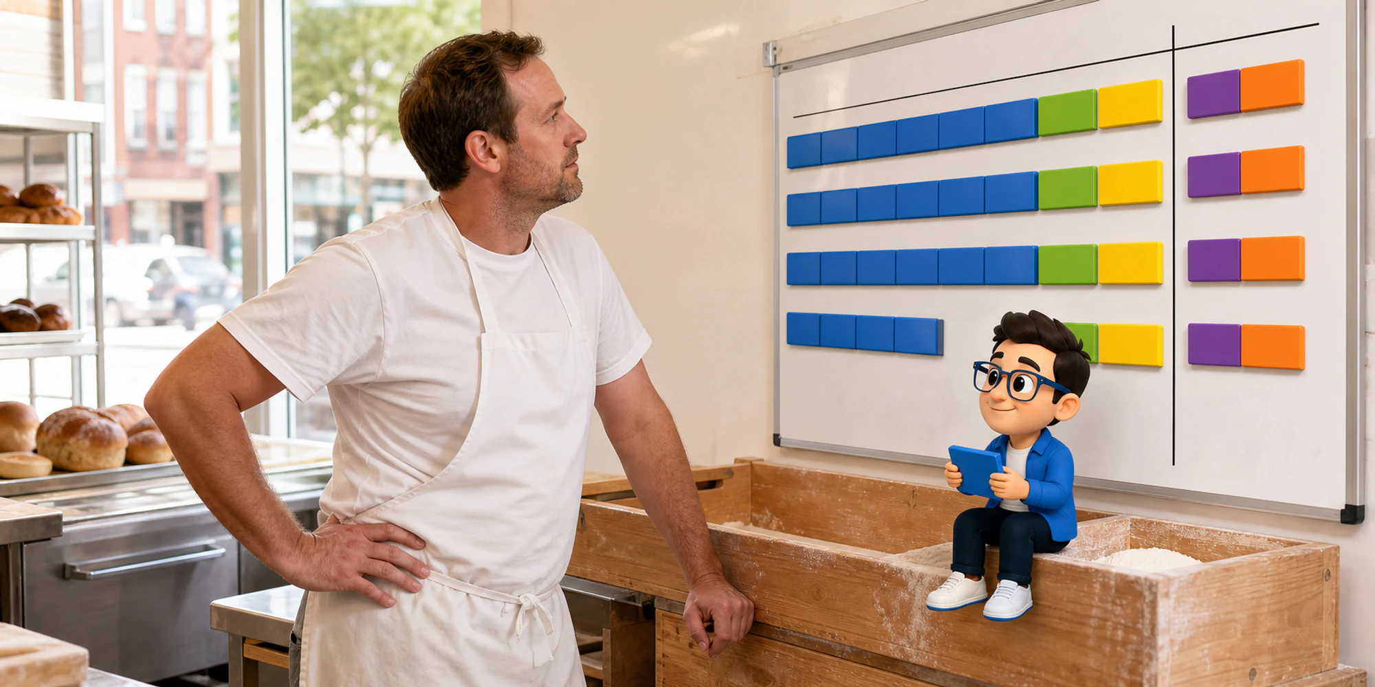 Bakery manager separates available service time from planned activities while the Context Keeper reviews one block