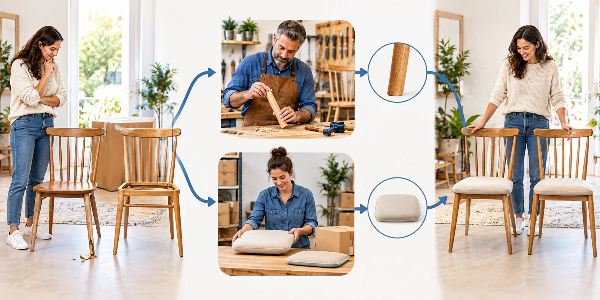Two paths from one customer request A wordless sequence separates a damaged chair-leg repair and a missing-cushion delivery from one customer's request before showing both completed chairs.