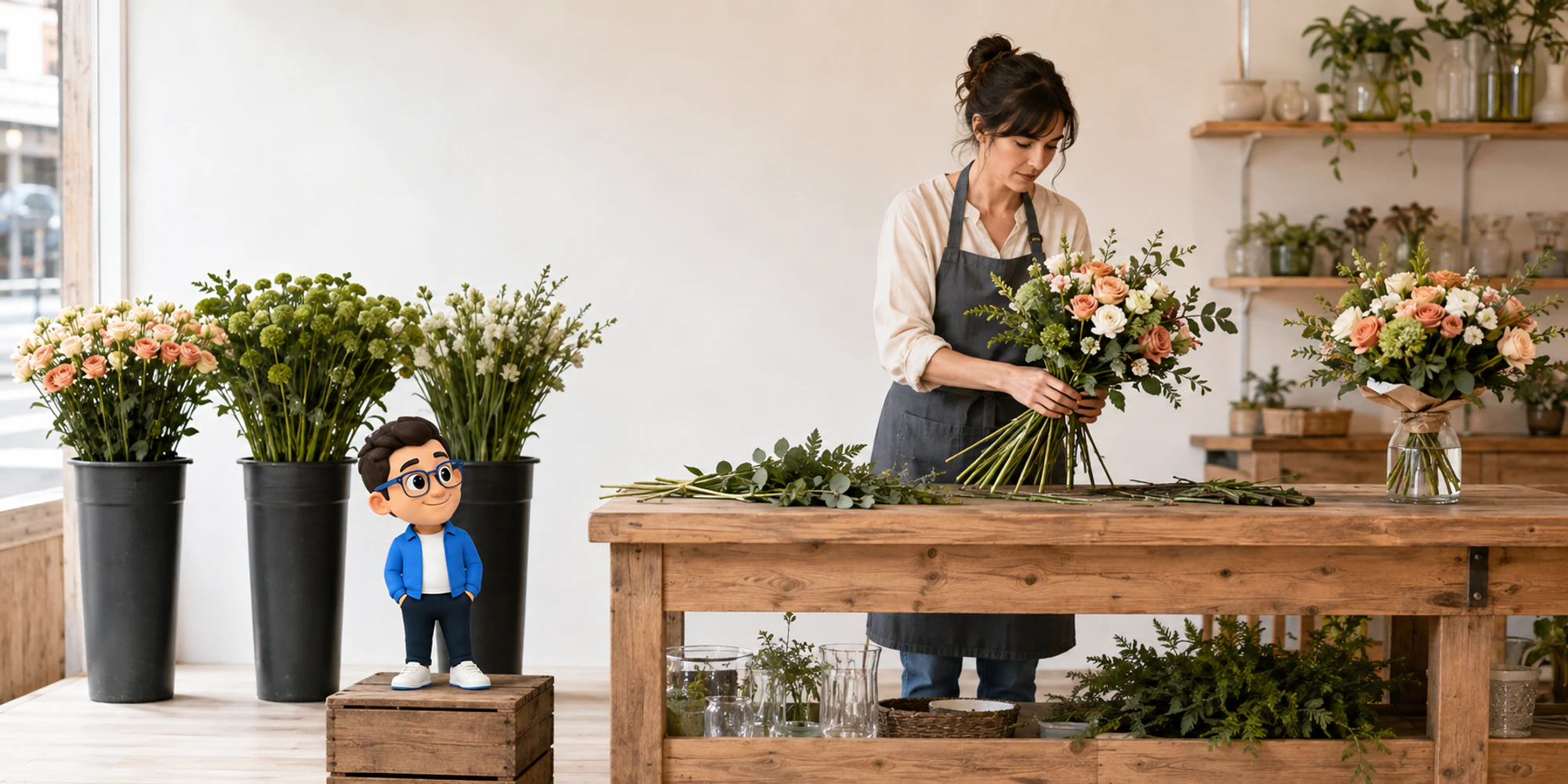Florist balances waiting flower bunches and one finished bouquet beside the DripTell Context Keeper