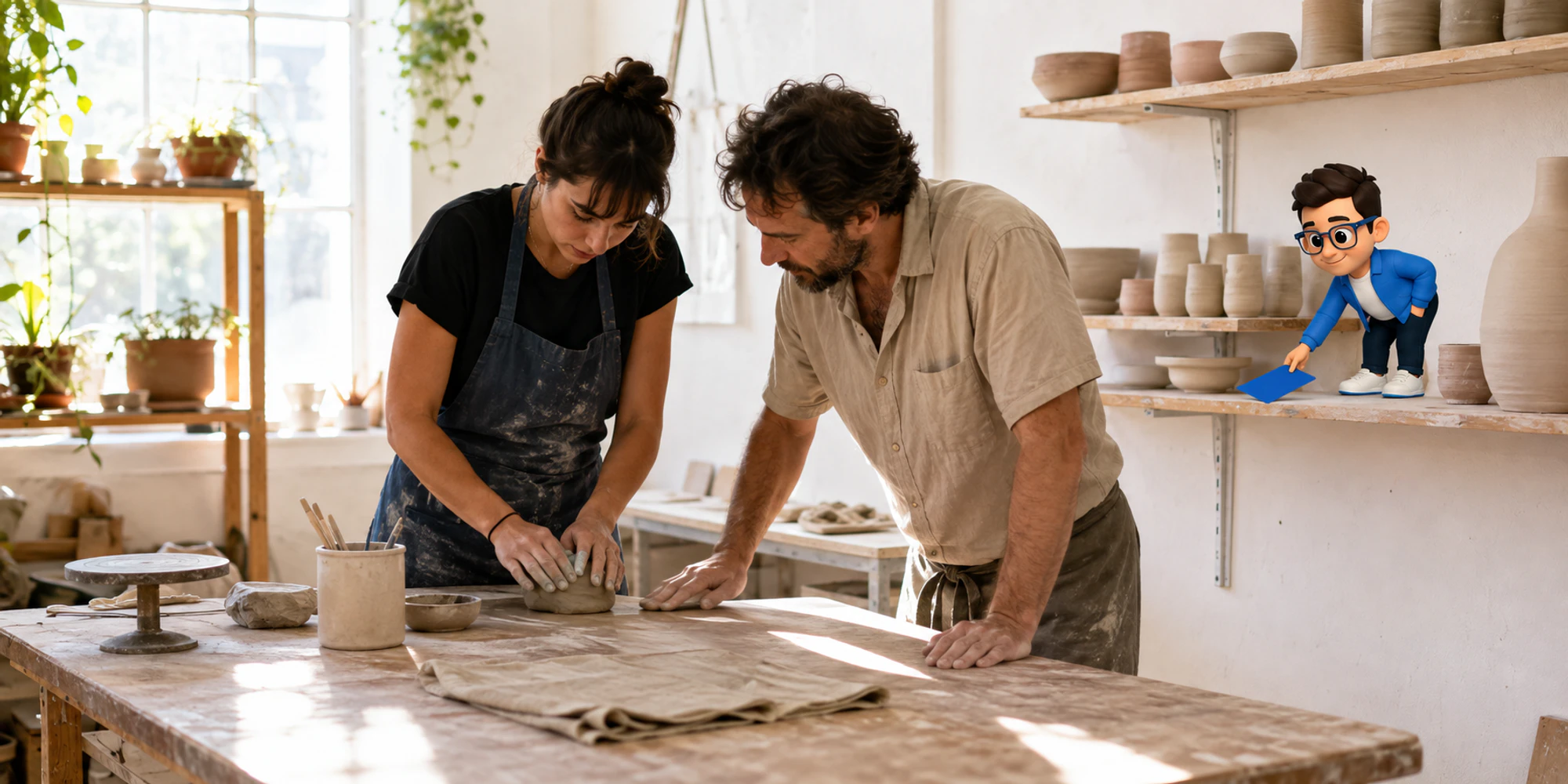 Pottery workshop coordinator and participant prepare clay while the Context Keeper moves a blank reply card on a shelf