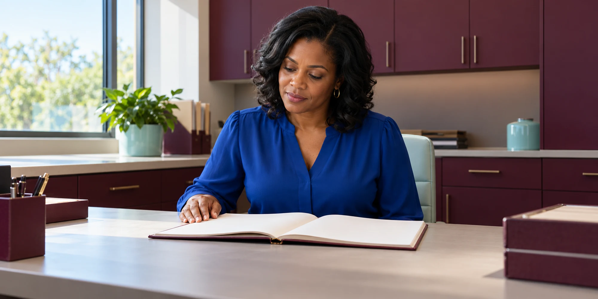 Clinic practice manager reviews a blank appointment ledger in a berry and cobalt office