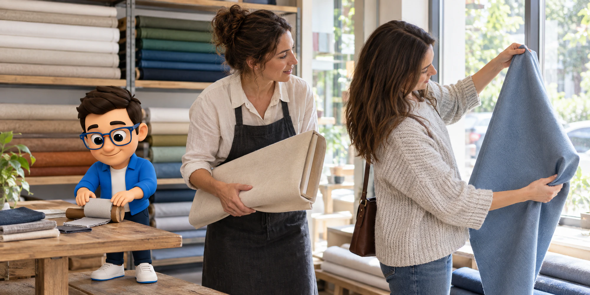 A customer checks blue fabric in daylight as a shop assistant brings another option and the Context Keeper rolls back the earlier swatch.
