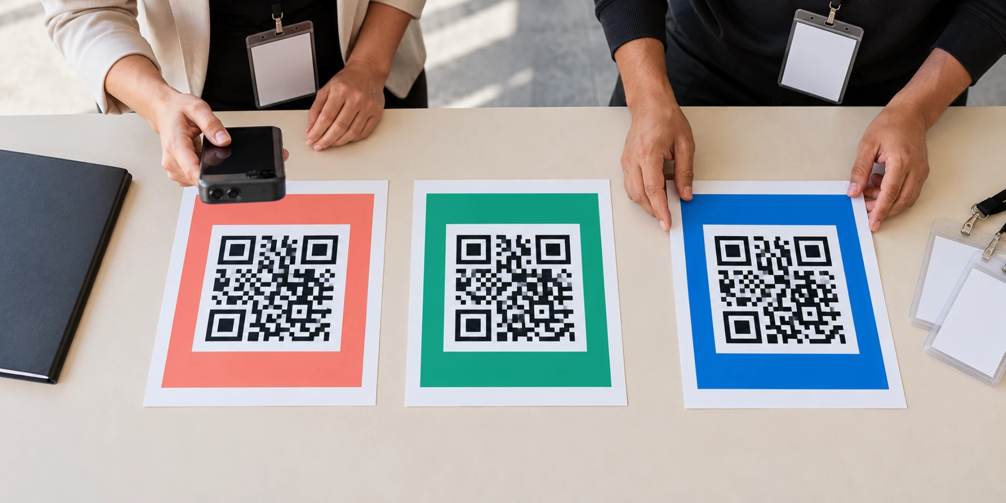 Two event coordinators test three colour-coded QR print proofs on a production table