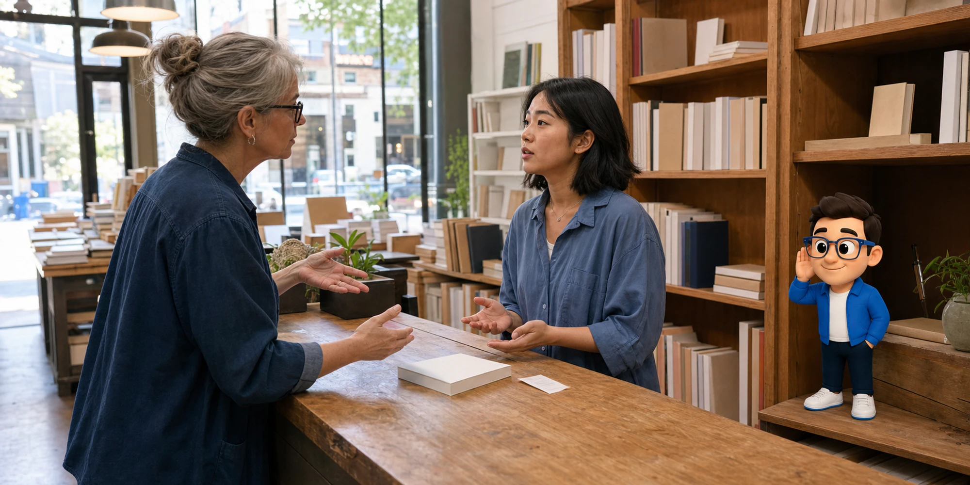 A bookstore service lead and associate practise a return conversation while the Context Keeper listens nearby
