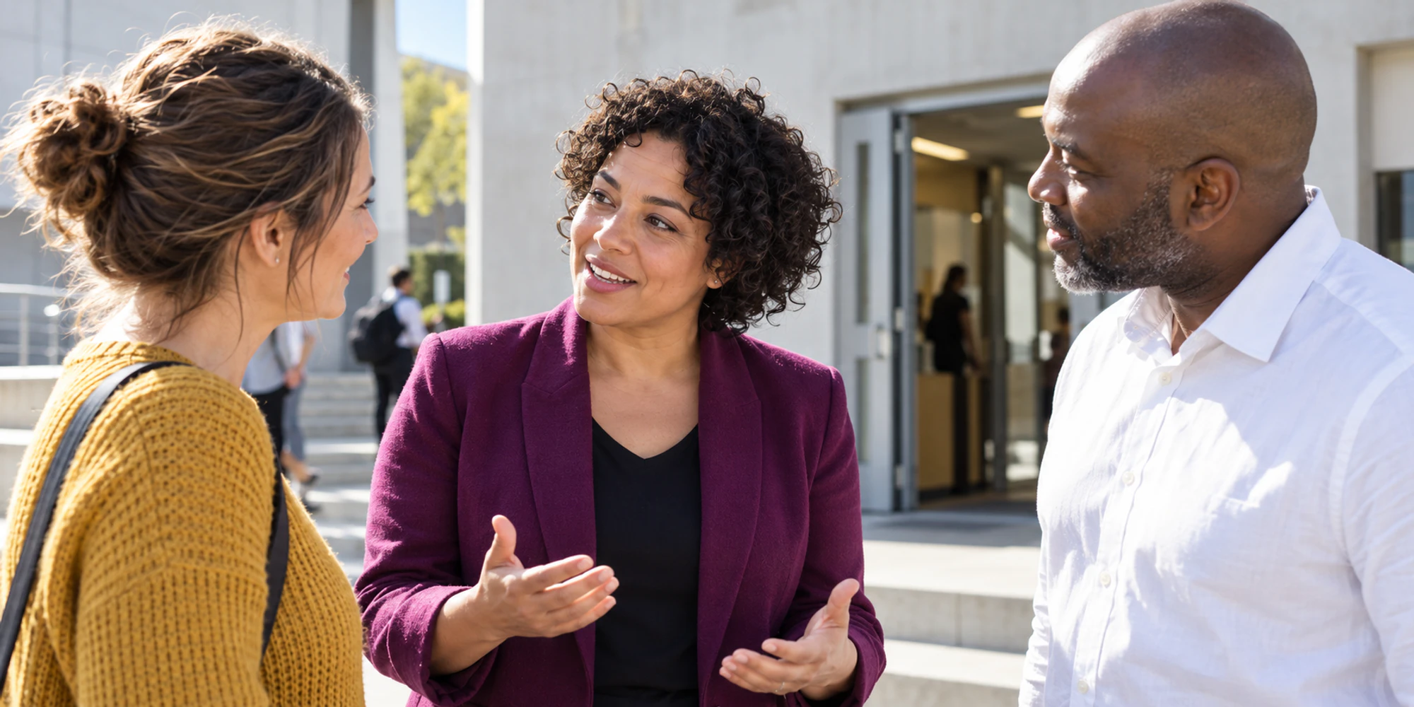 Two adult learners speaking with a course adviser at a bright campus open day