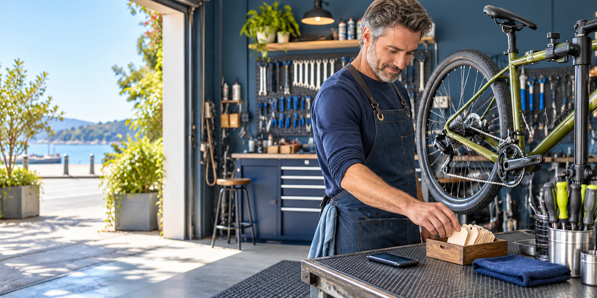 A bicycle workshop owner sorts blank service tags beside one face-down phone in a bright open workshop