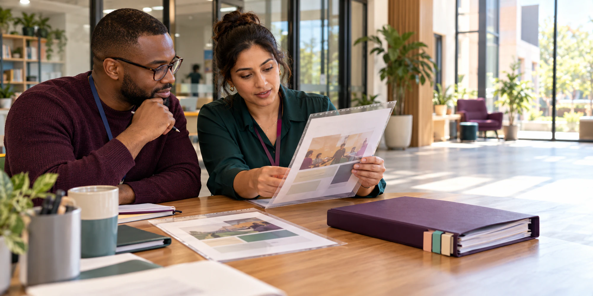 Two education operations colleagues compare an approved message proof with a candidate release