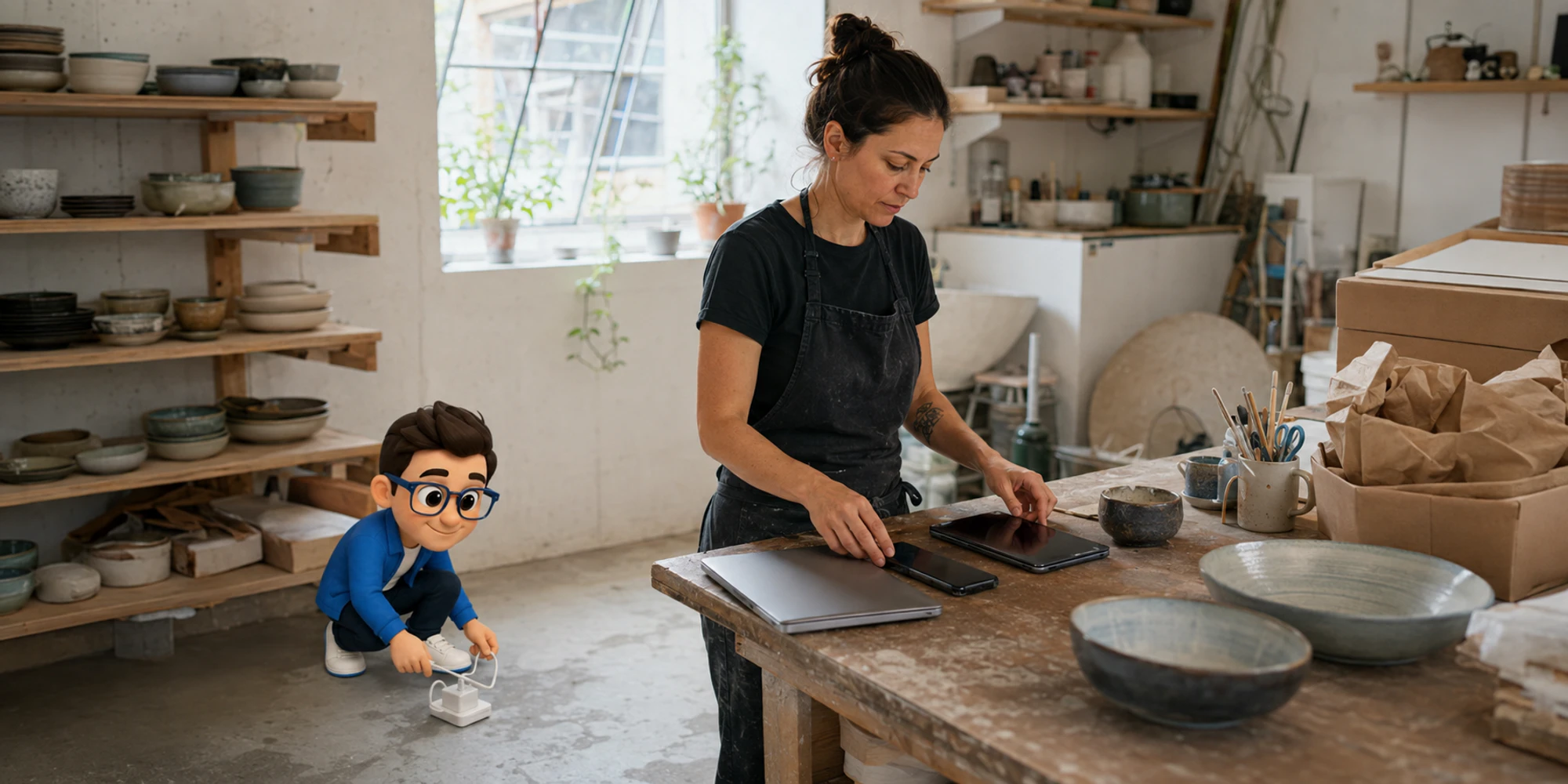 Ceramics studio owner inventories linked devices while the DripTell Context Keeper checks a charging dock